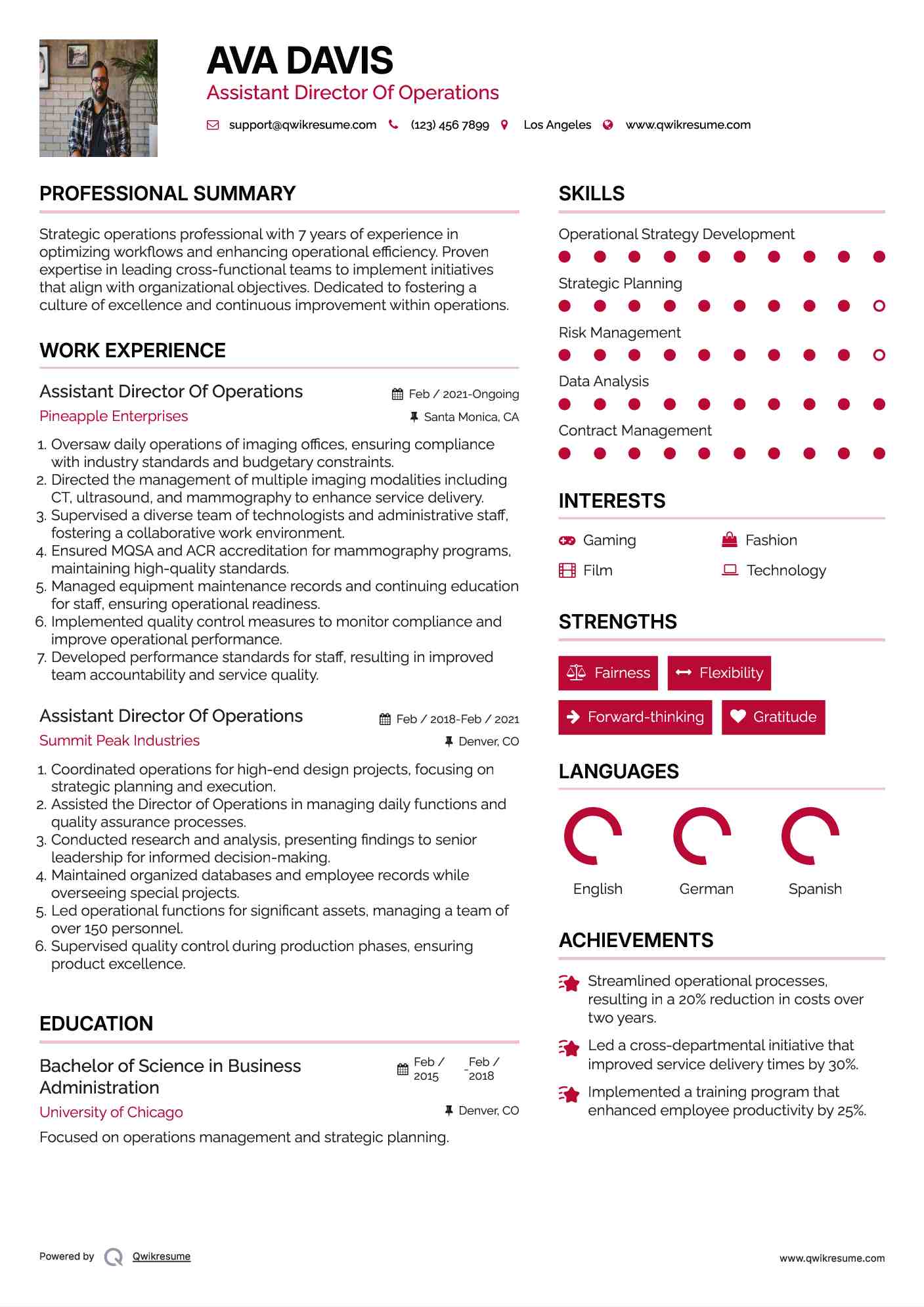 Assistant Director Of Operations Resume Sample