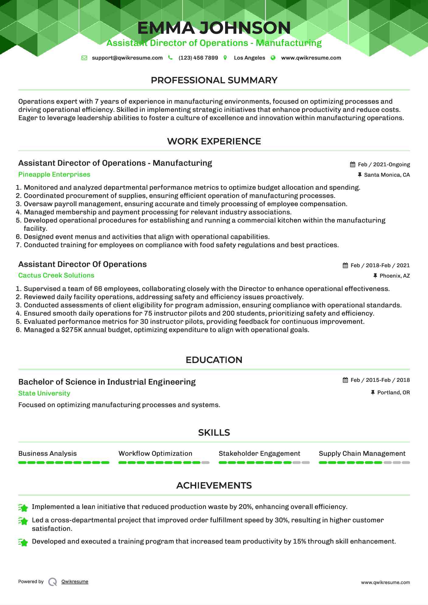 Assistant Director of Operations - Manufacturing Resume Format