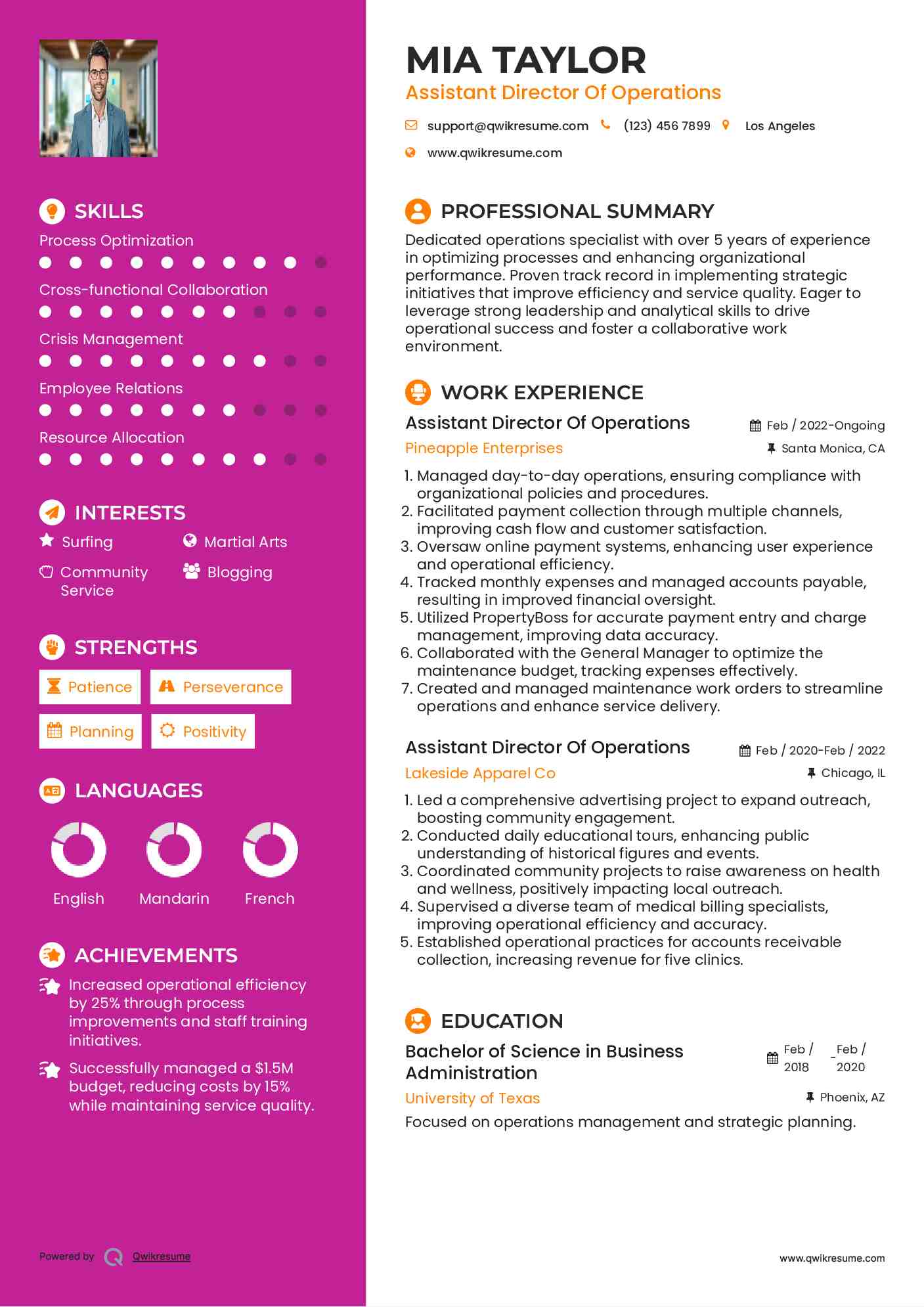 Assistant Director Of Operations Resume Sample