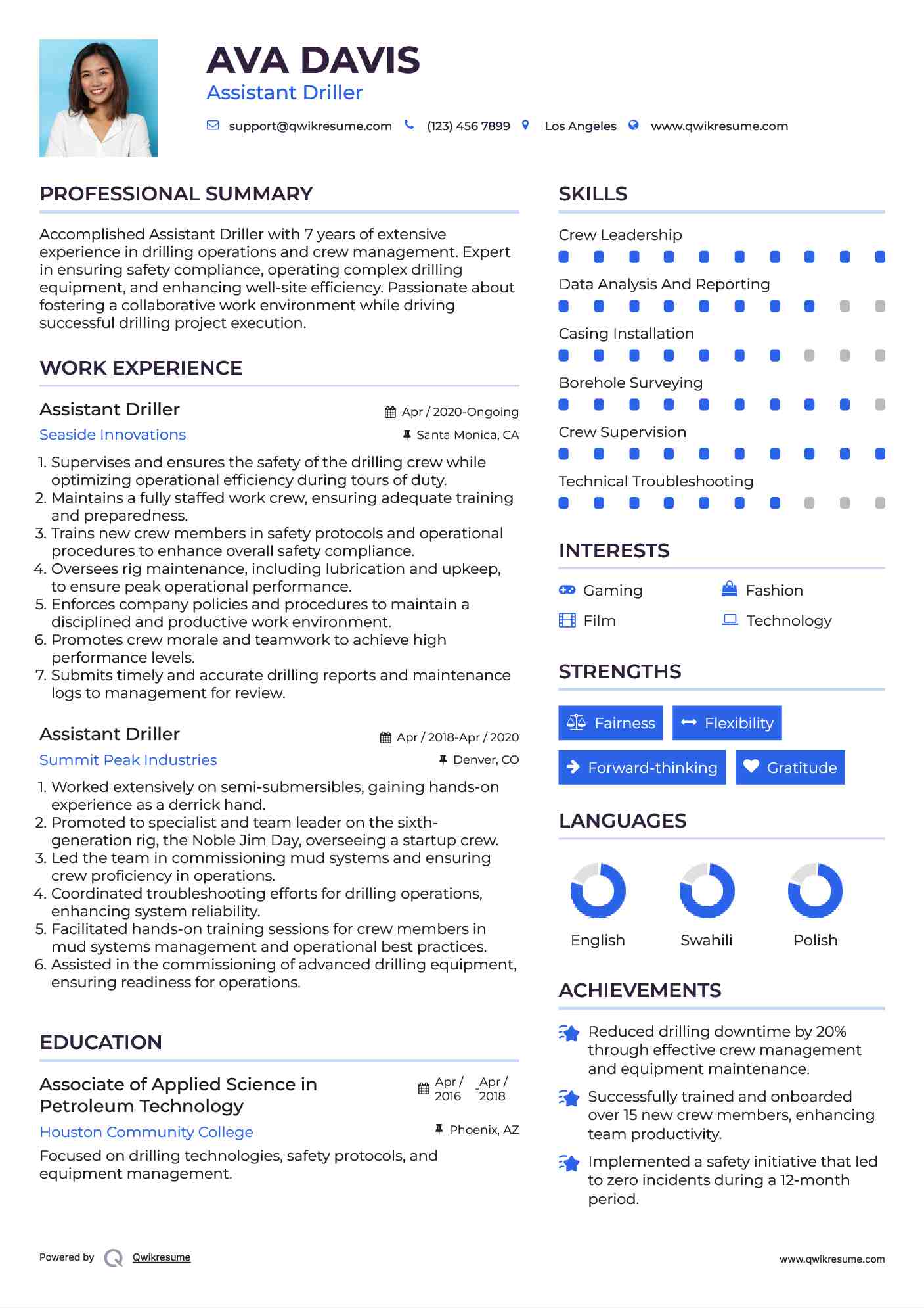 Assistant Driller Resume Sample