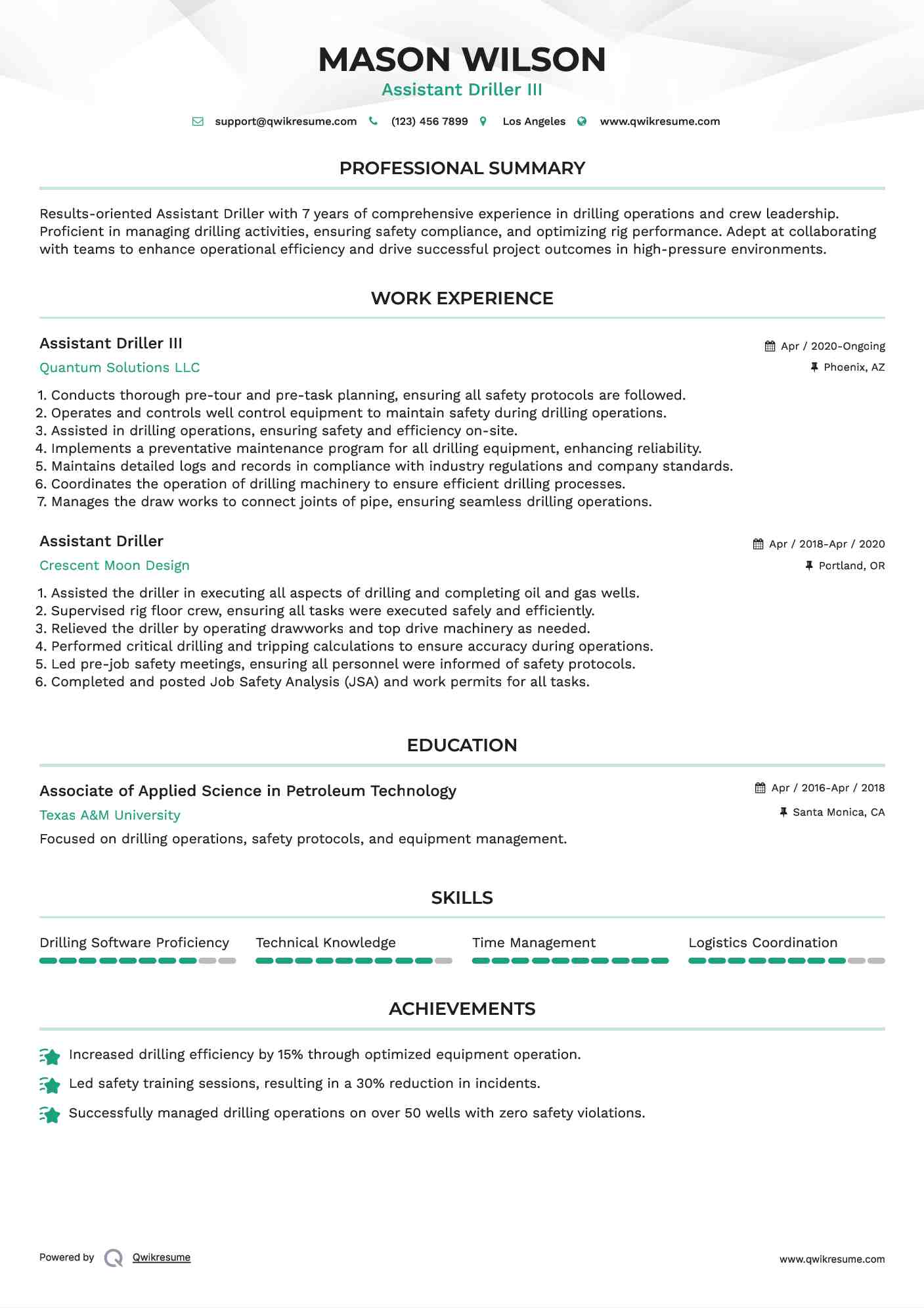 Assistant Driller III Resume Example