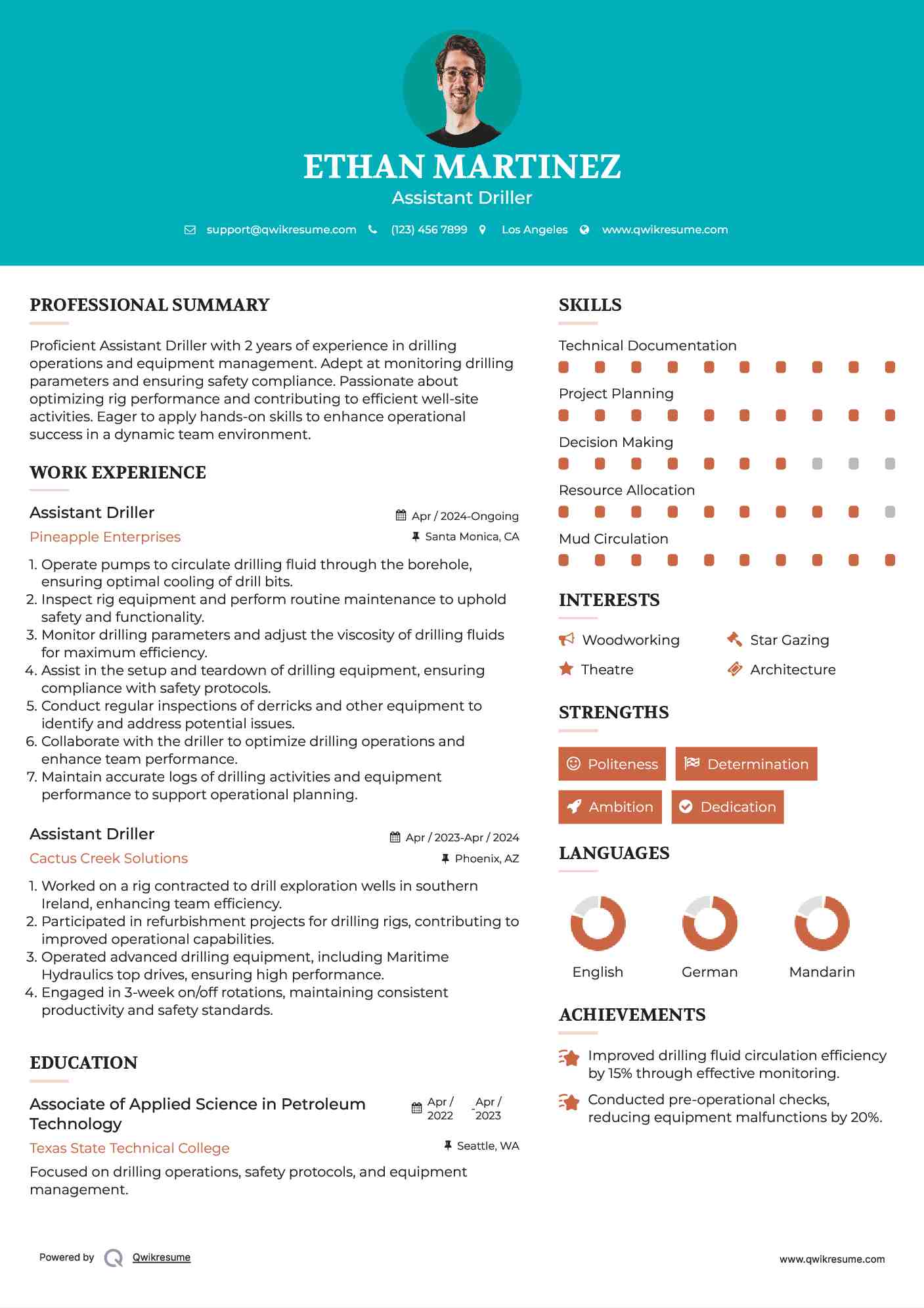 Assistant Driller Resume Format