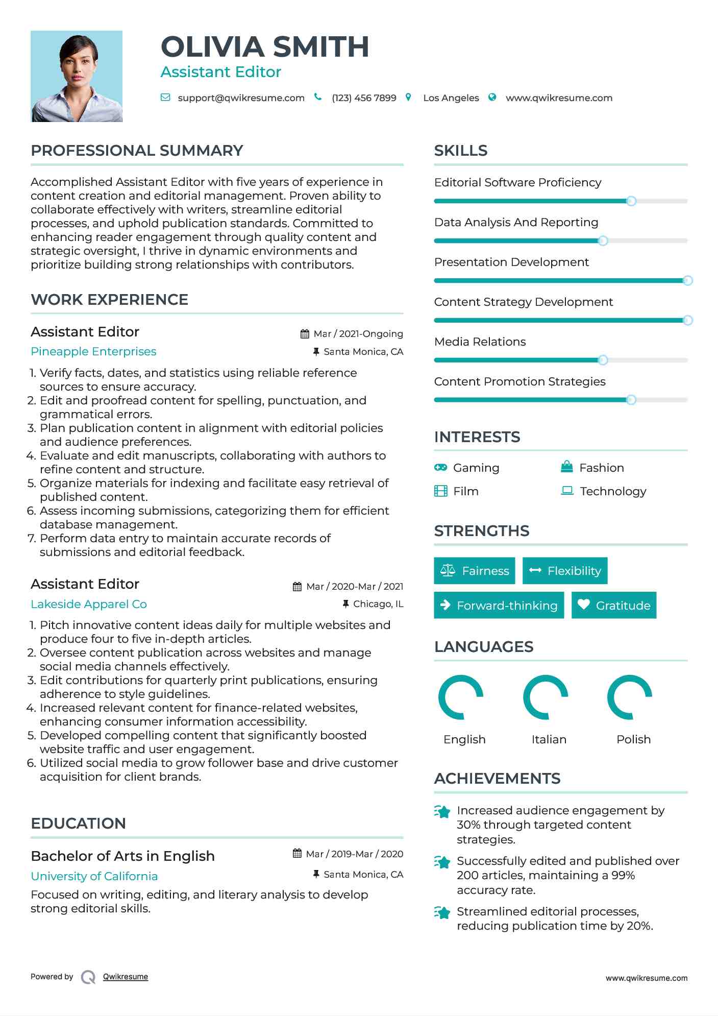 Assistant Editor Resume Example