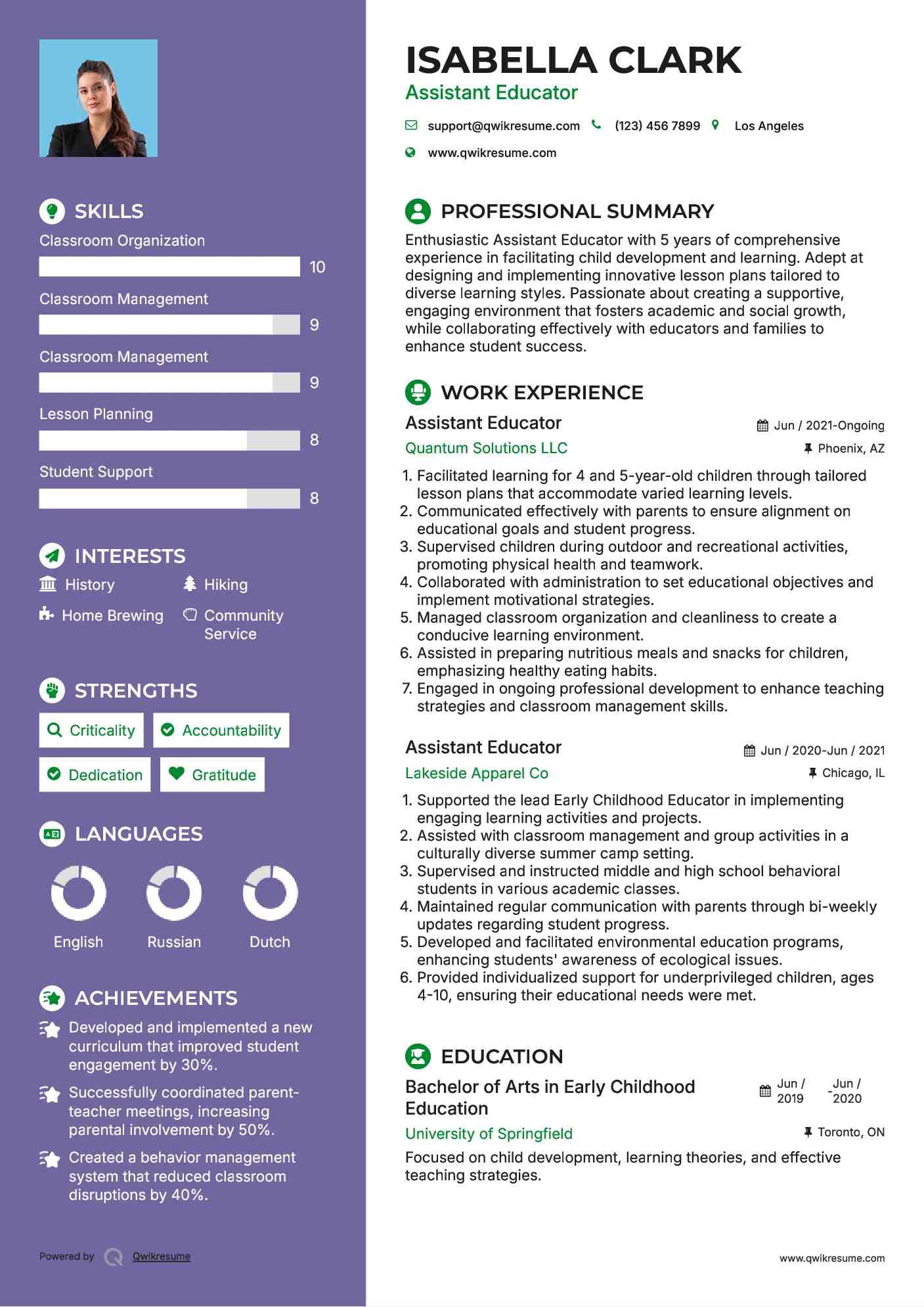 Assistant Educator Resume Model