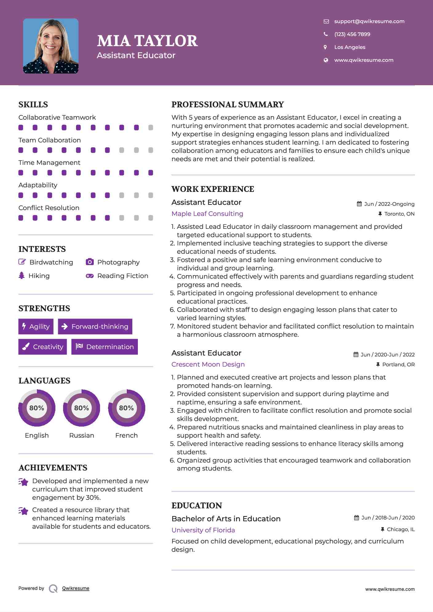 Assistant Educator Resume Example