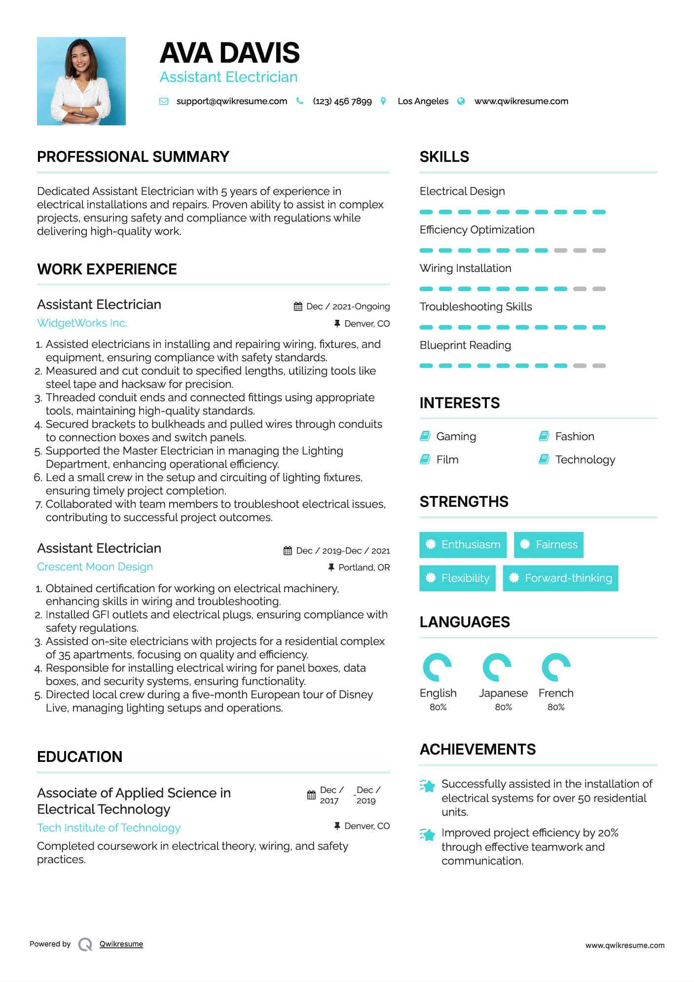 Assistant Electrician Resume Format