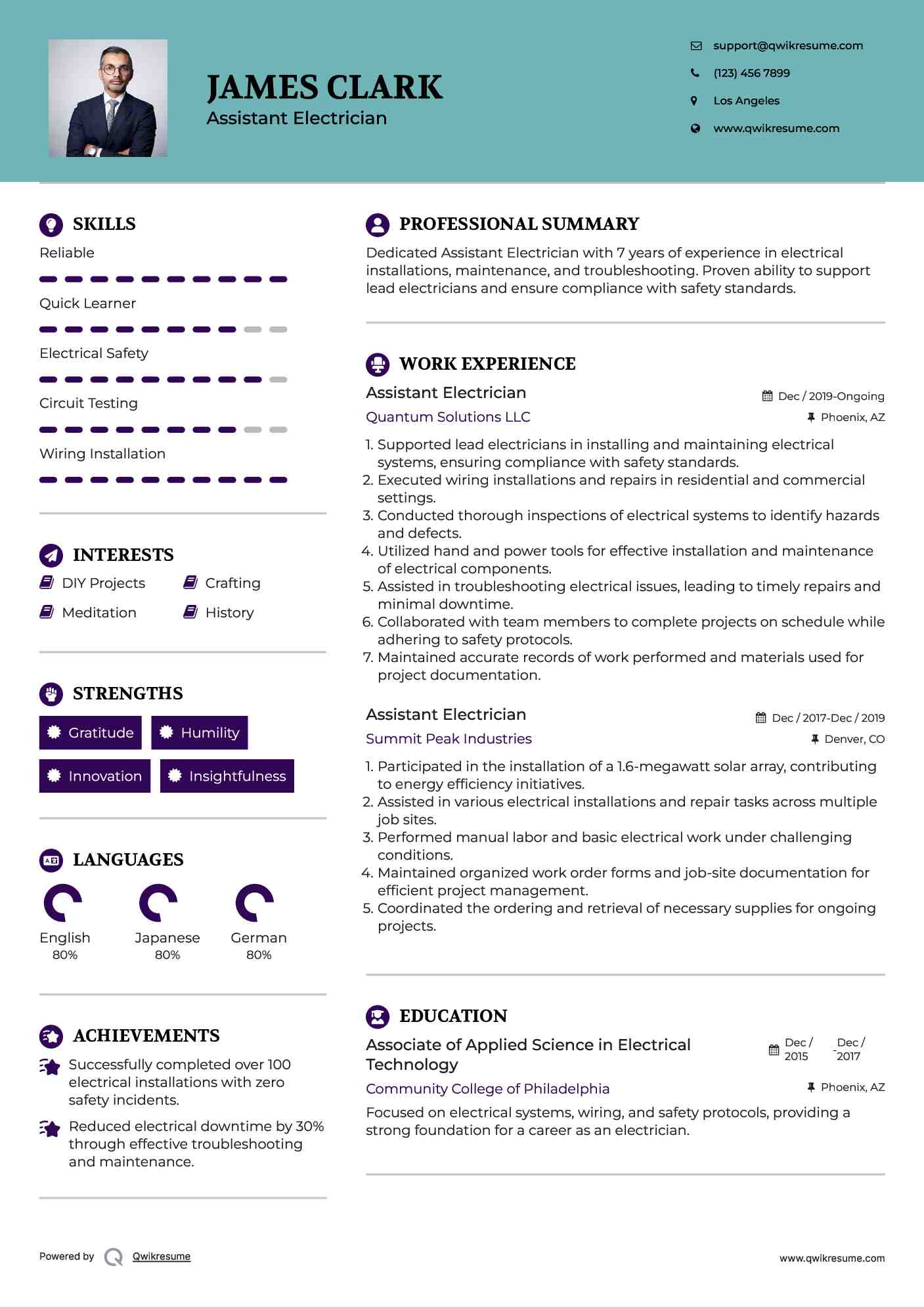 Assistant Electrician Resume Sample