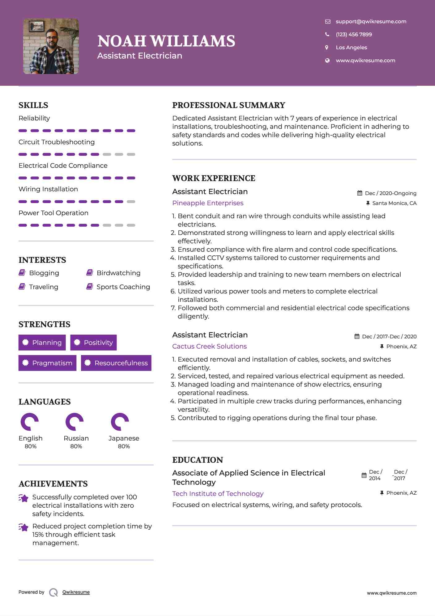 Assistant Electrician Resume Example