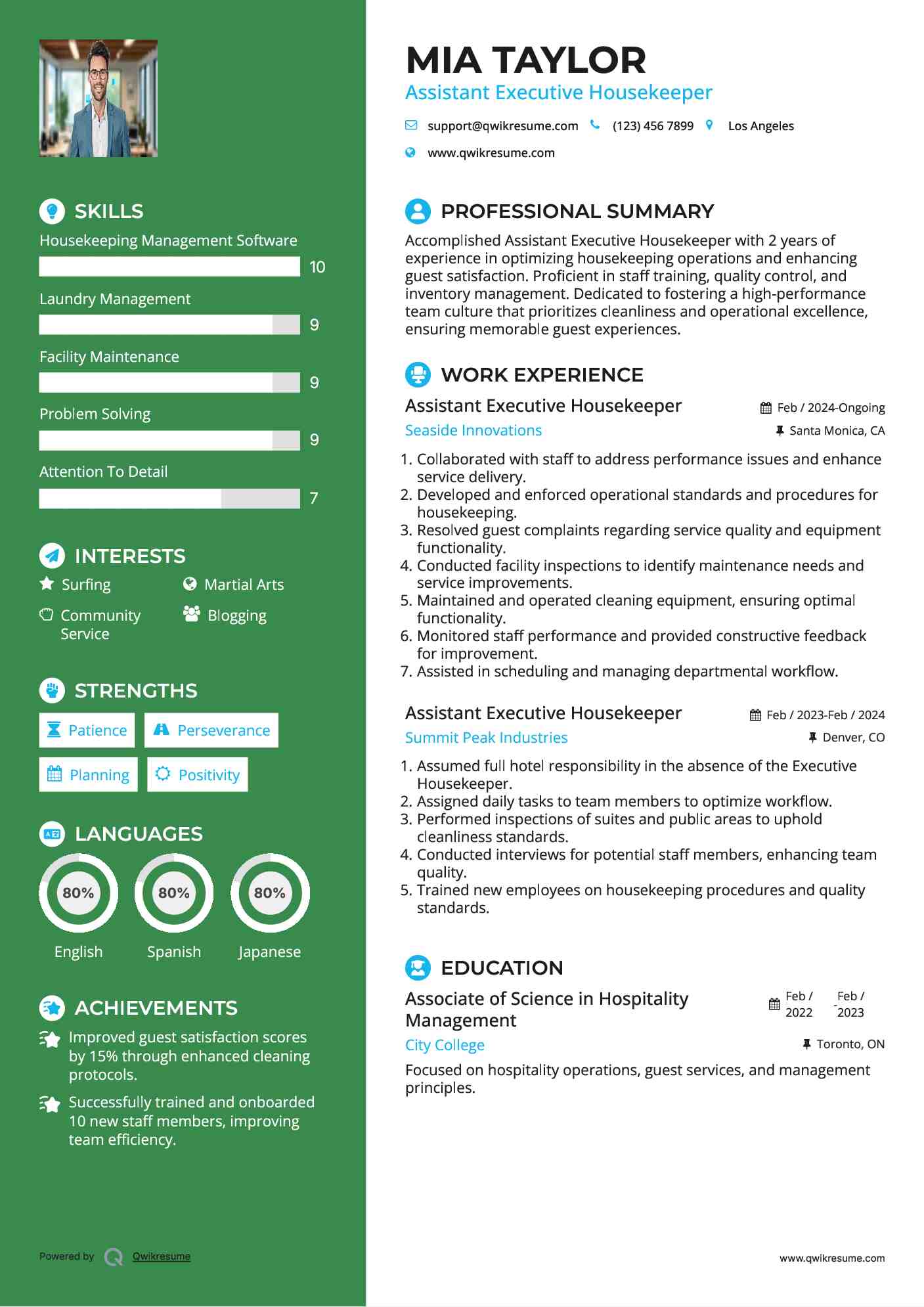 Assistant Executive Housekeeper Resume Example