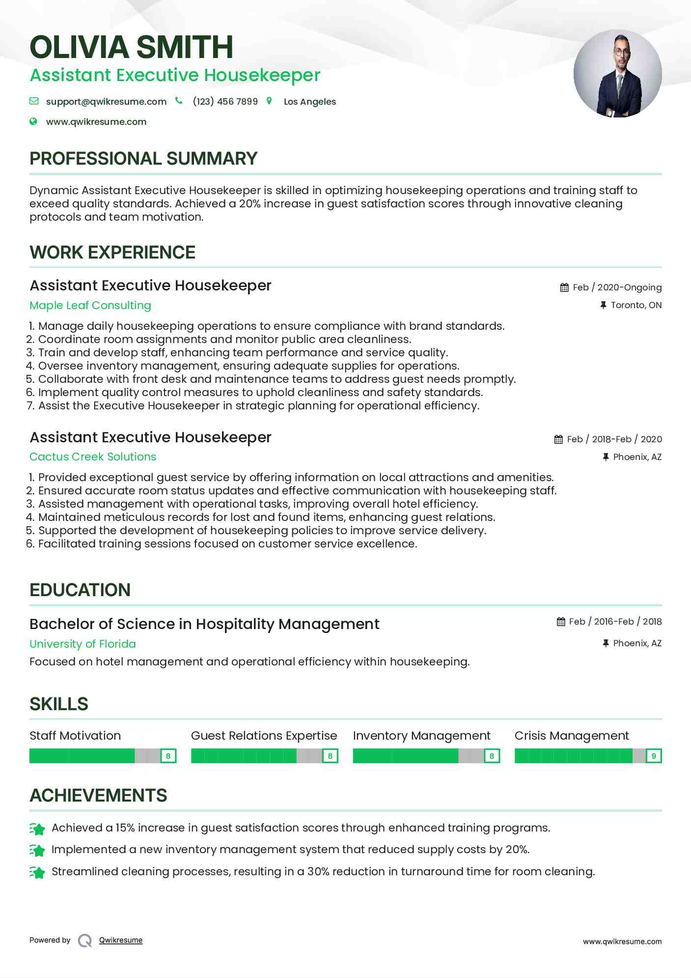 Assistant Executive Housekeeper Resume Example