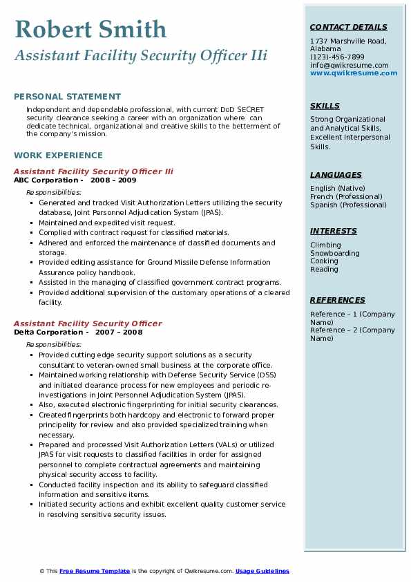 Assistant Facility Security Officer Resume Samples QwikResume