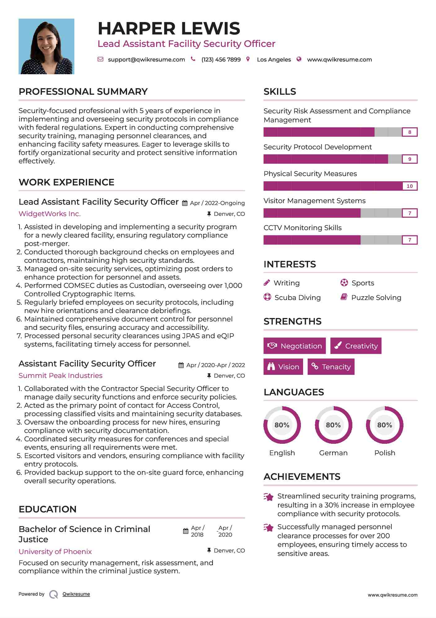 Assistant Facility Security Officer Resume Samples QwikResume