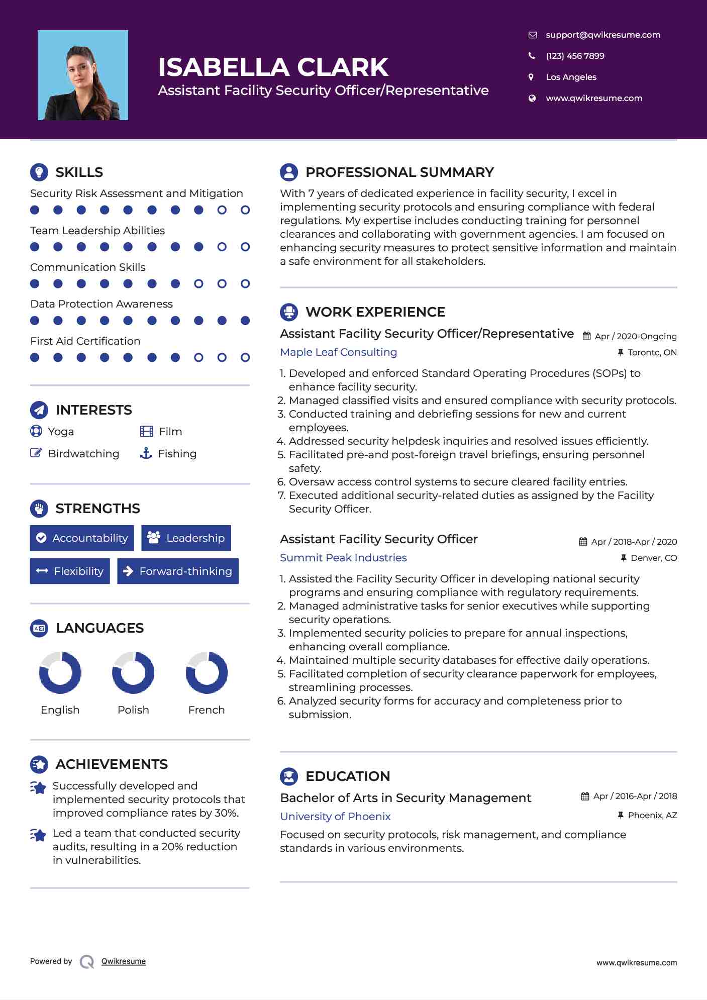Assistant Facility Security Officer Resume Samples QwikResume