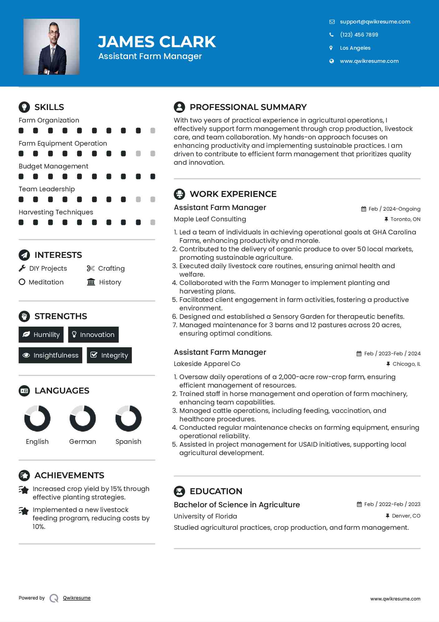 Assistant Farm Manager Resume Example