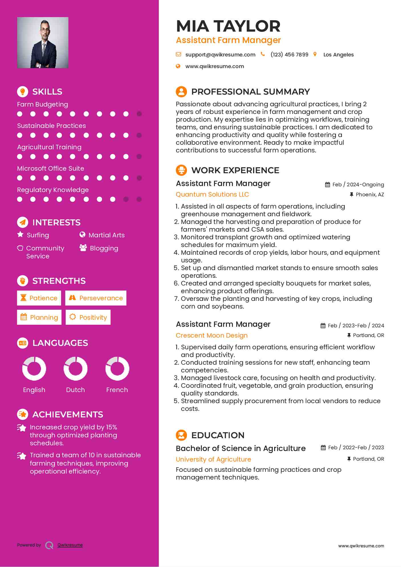 Assistant Farm Manager Resume Sample