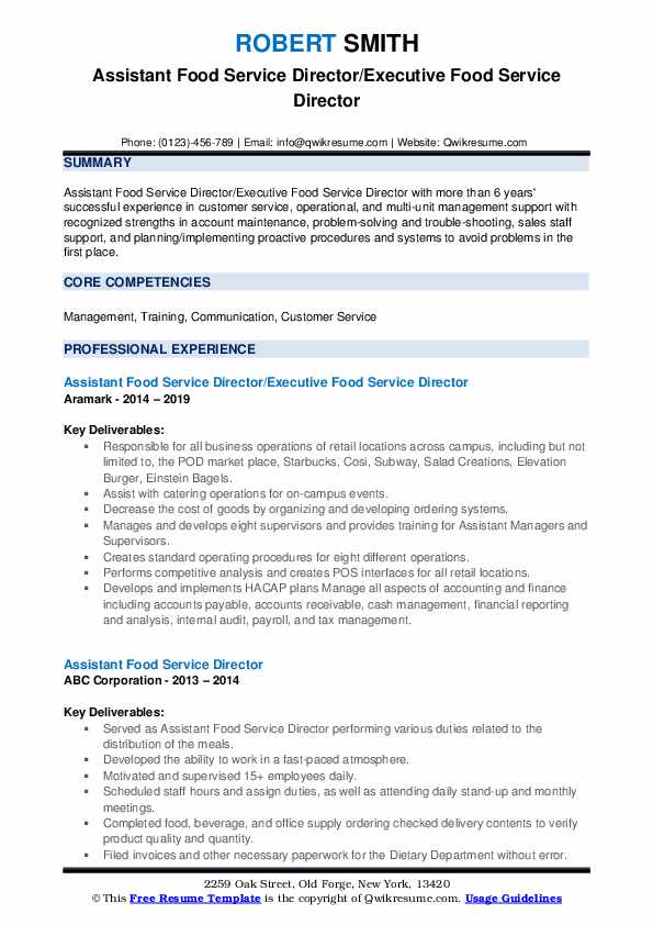 Assistant Food Service Director Resume Samples QwikResume