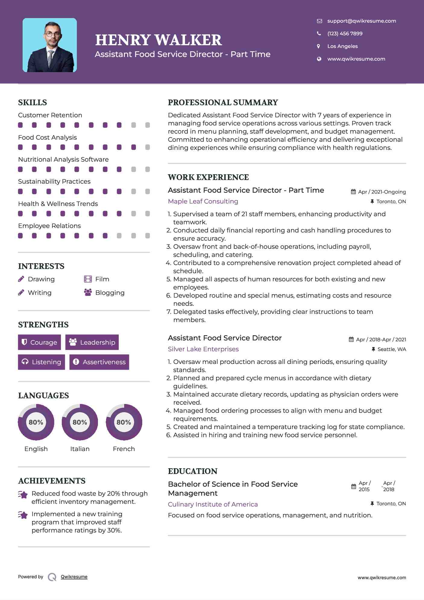 Assistant Food Service Director - Part Time Resume Sample