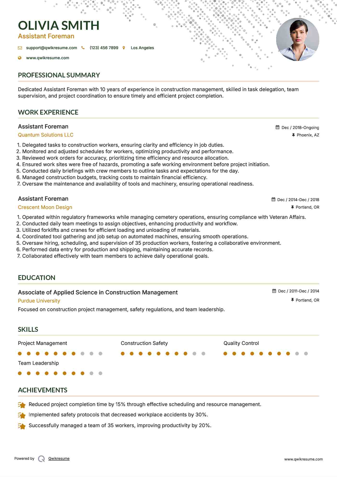 Assistant Foreman Resume Example