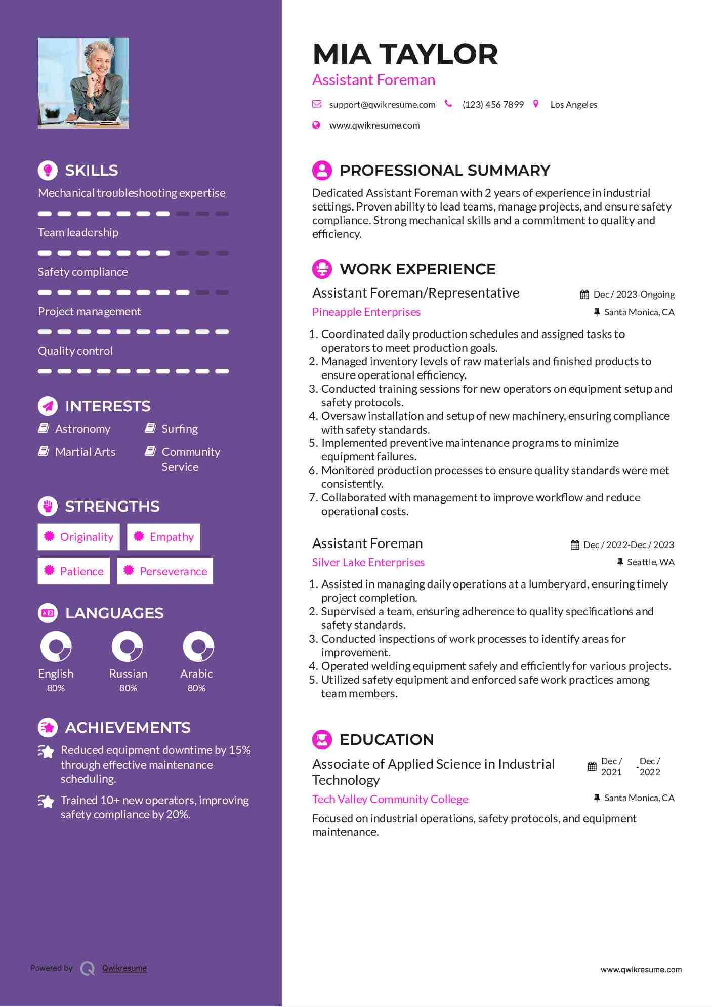 Assistant Foreman/Representative Resume Format