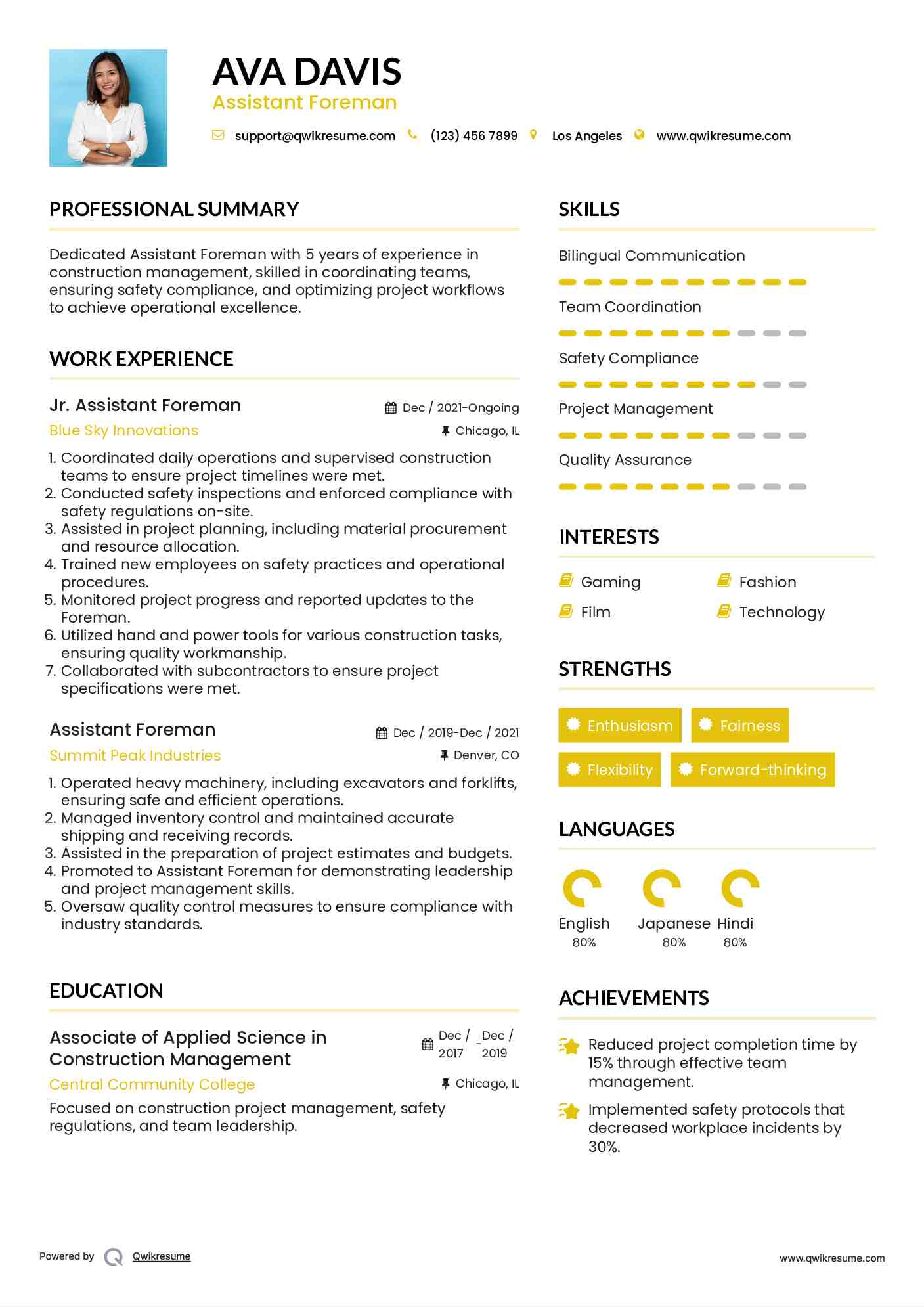 Jr. Assistant Foreman Resume Example