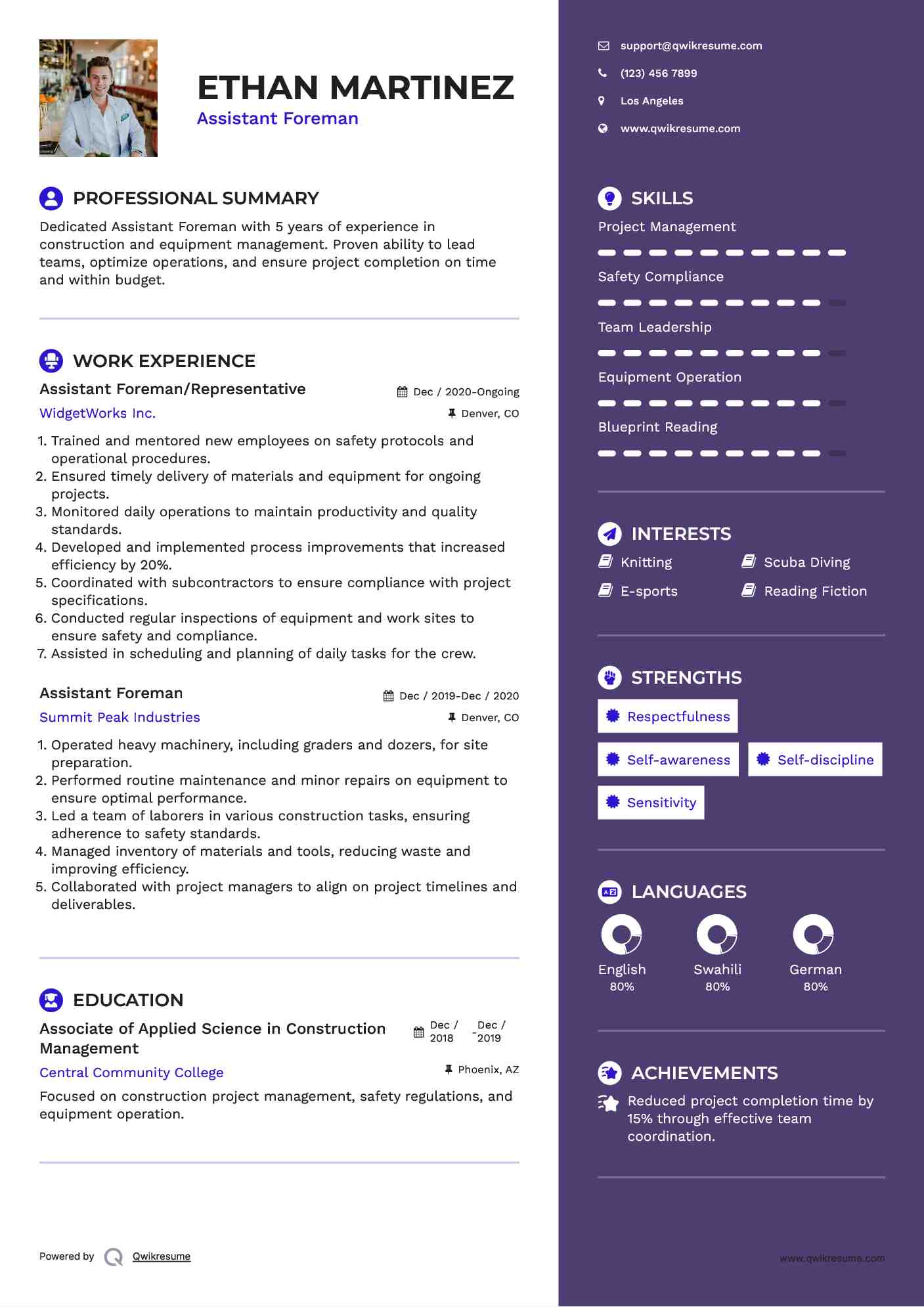 Assistant Foreman/Representative Resume Sample