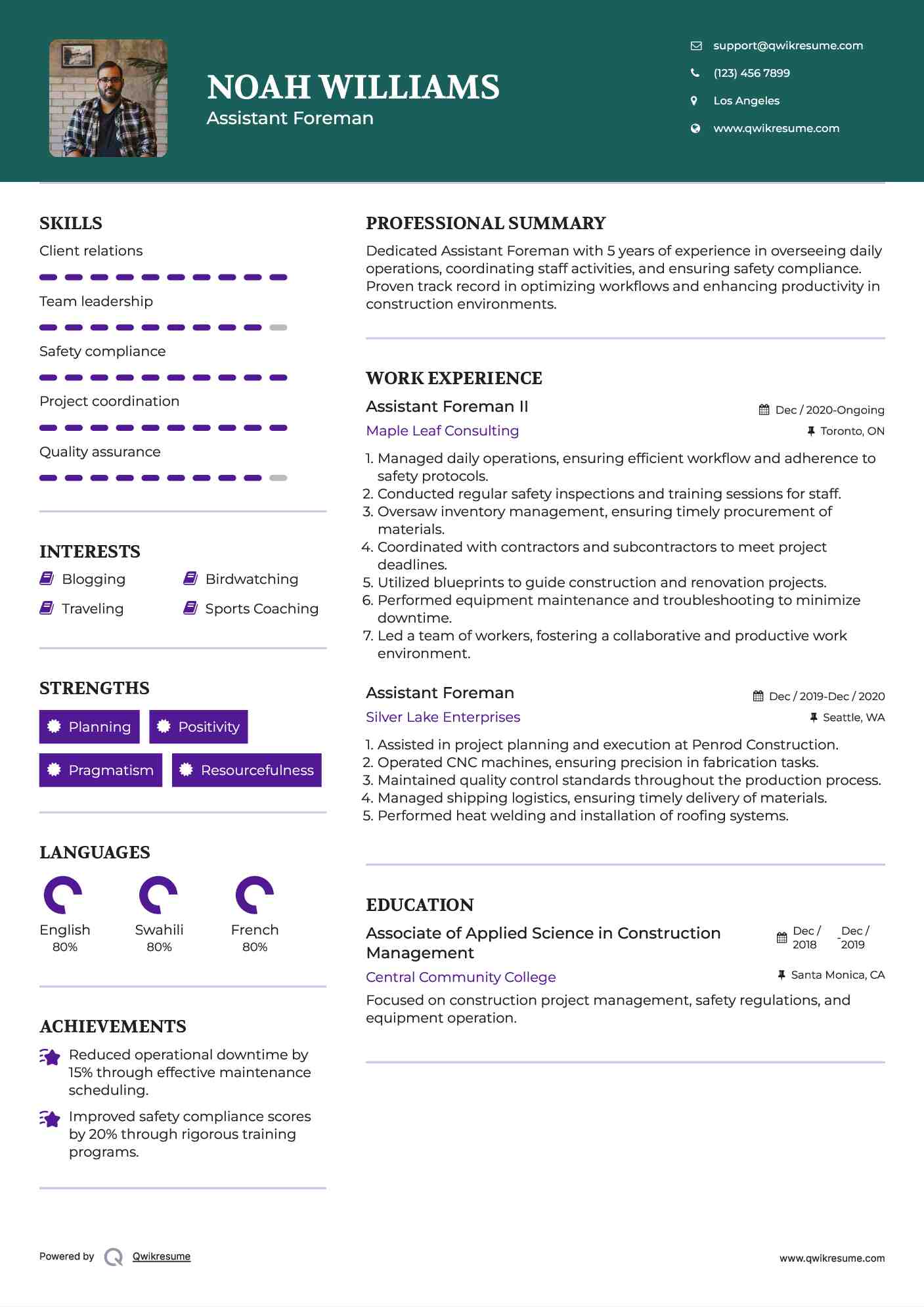 Assistant Foreman II Resume Template