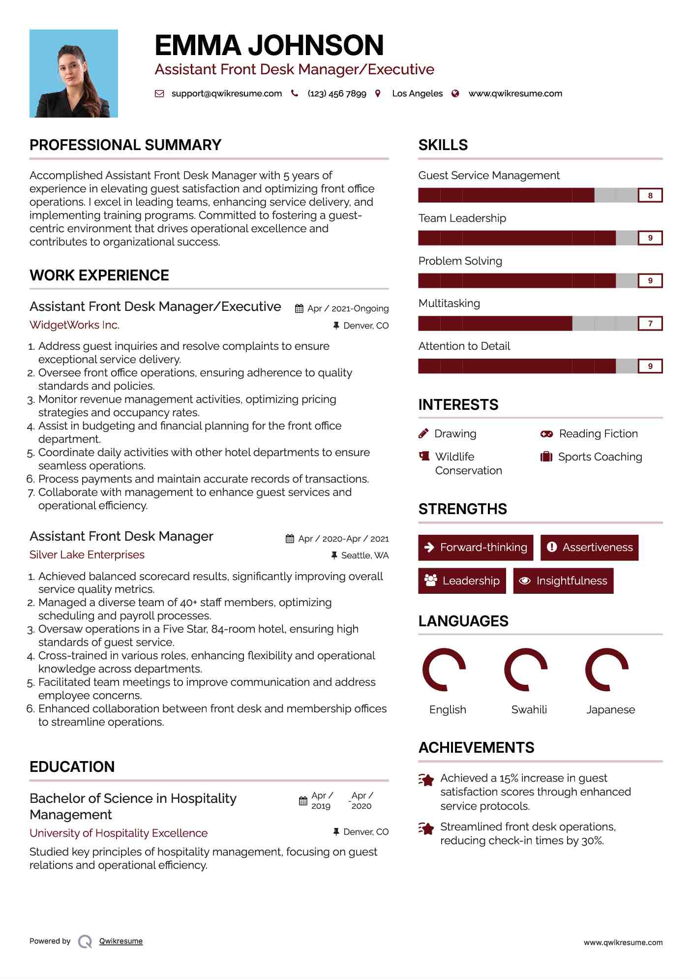 Assistant Front Desk Manager/Executive Resume Model