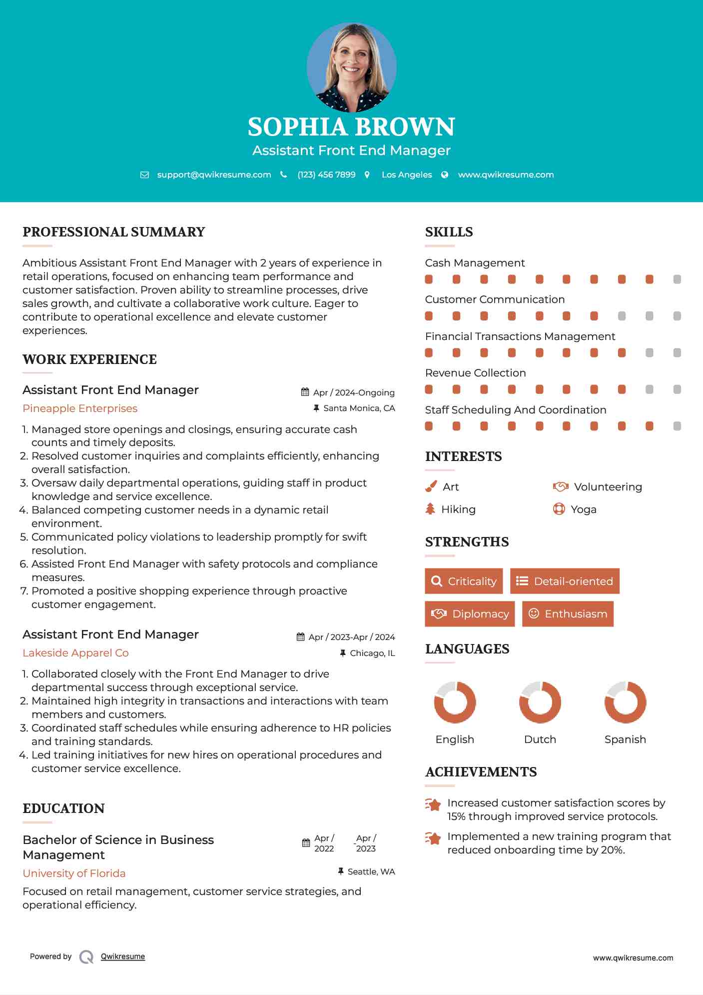assistant front end manager resume samples qwikresume front end cashier