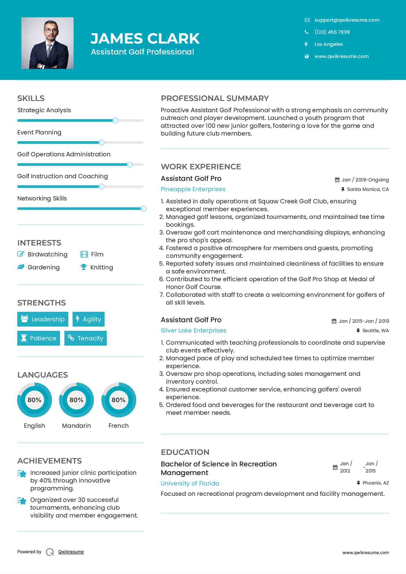 Assistant Golf Pro Resume Format