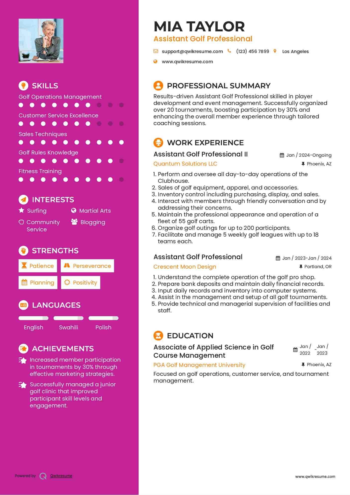 Assistant Golf Professional II Resume Sample