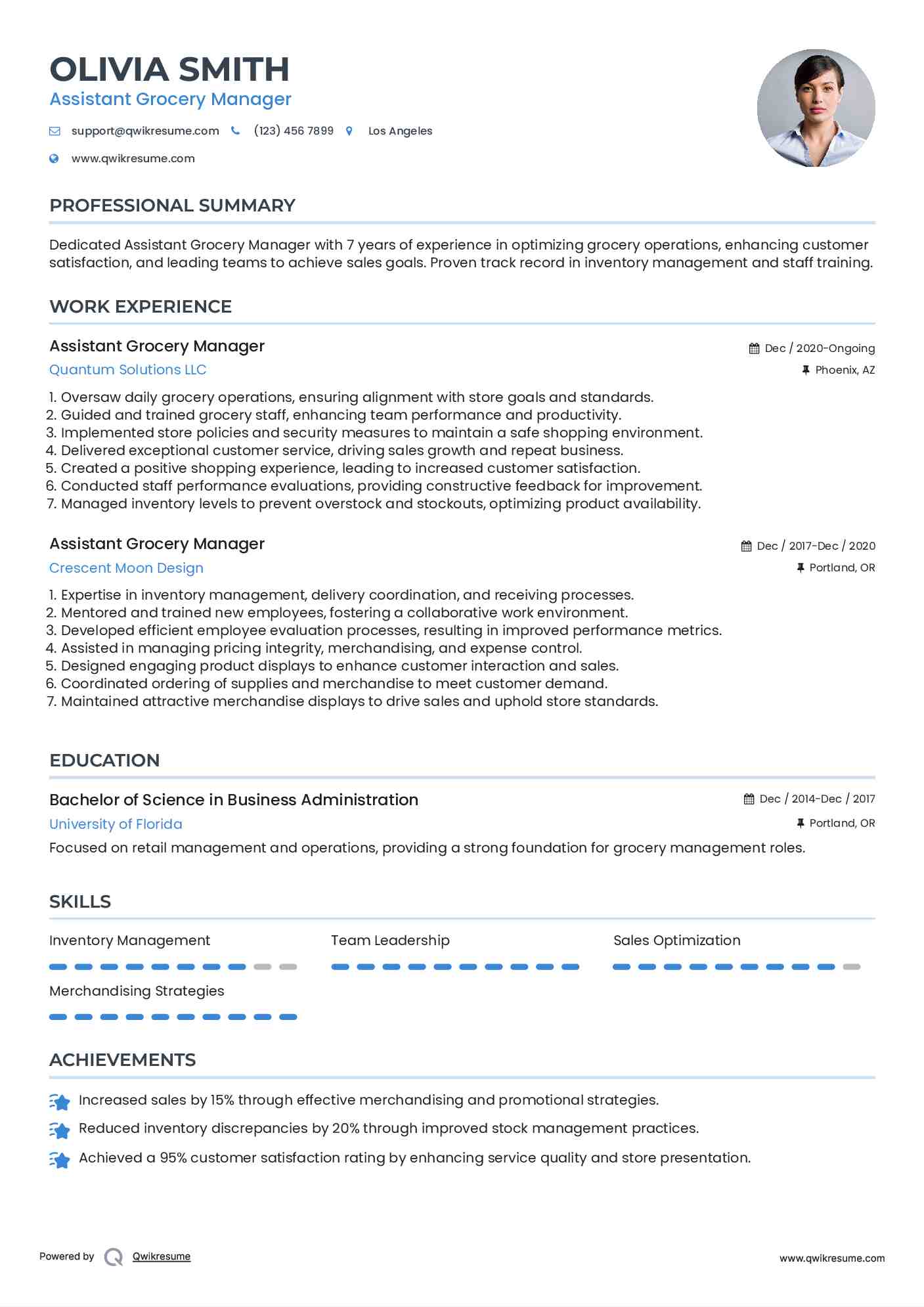 Assistant Grocery Manager Resume Sample
