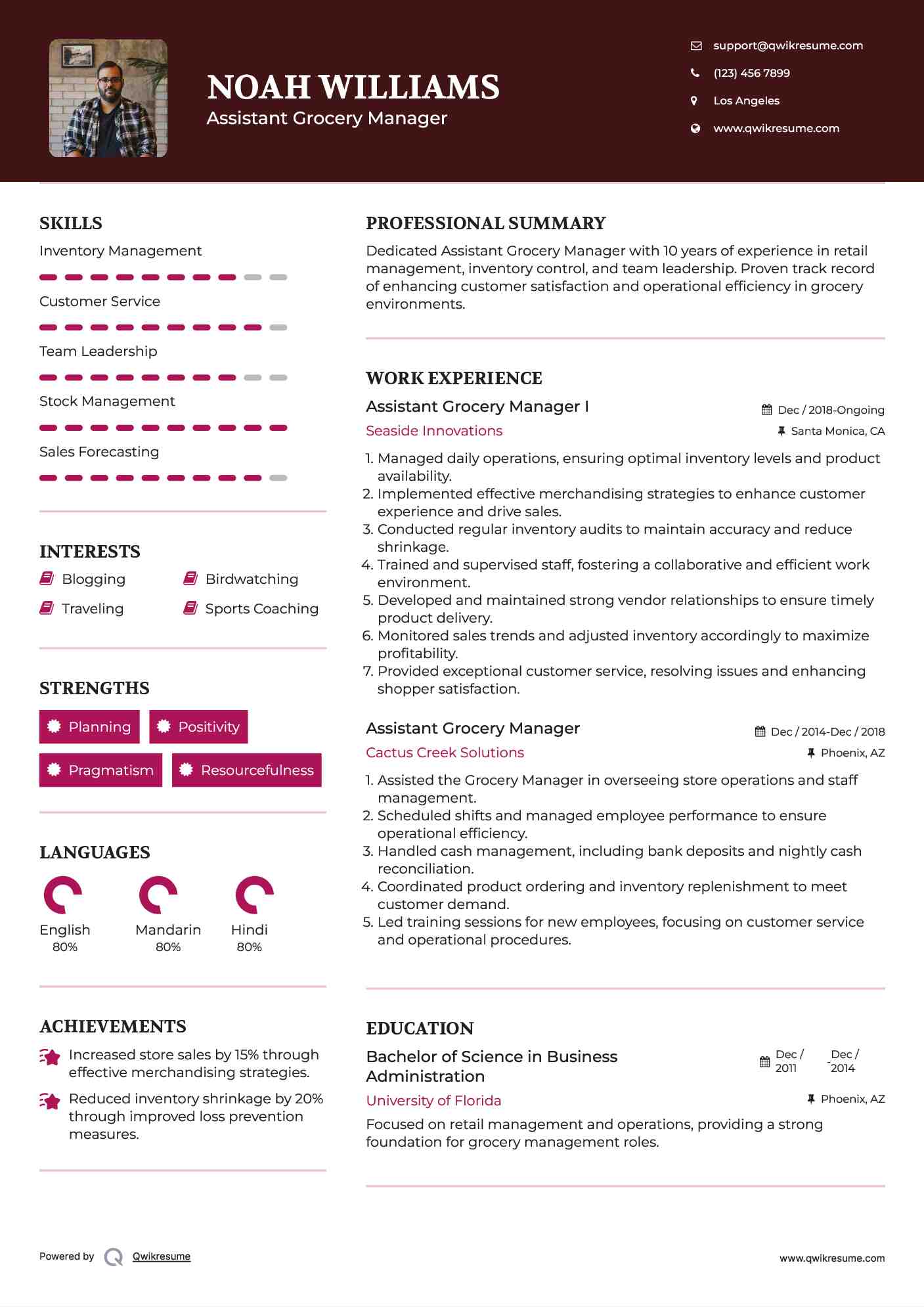 Assistant Grocery Manager I Resume Model