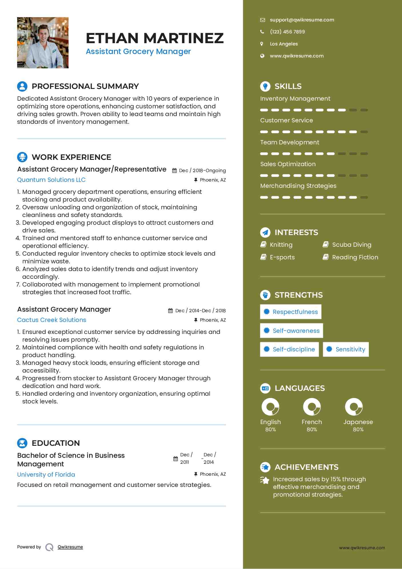 Assistant Grocery Manager/Representative Resume Format