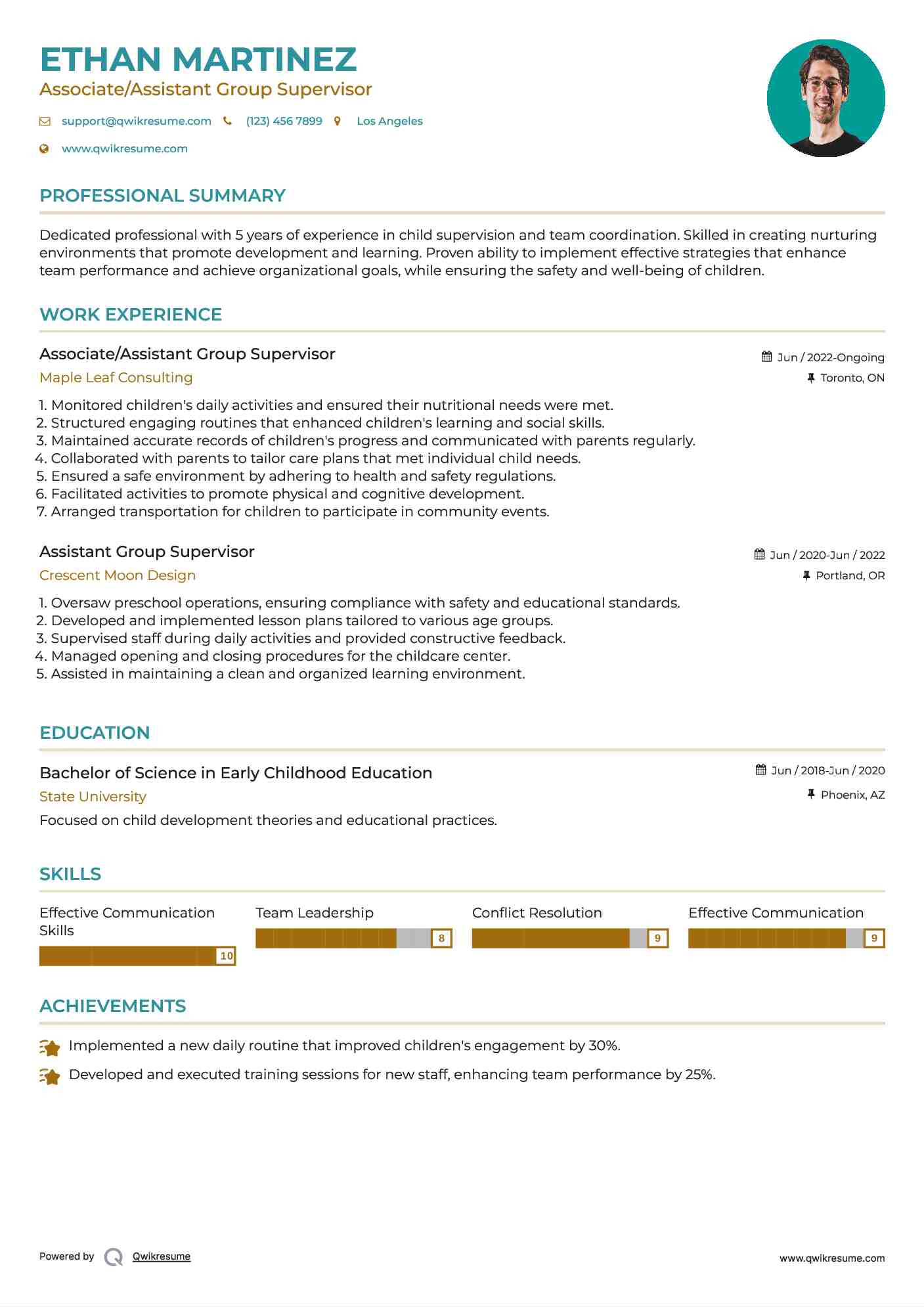 Associate/Assistant Group Supervisor Resume Example