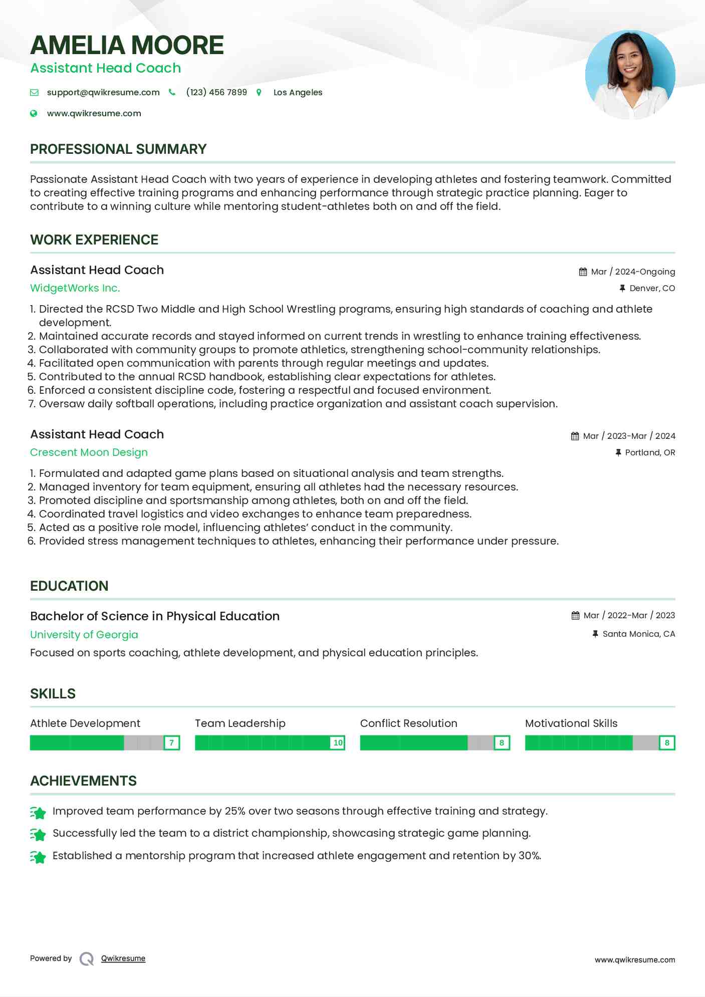 Assistant Head Coach Resume Model