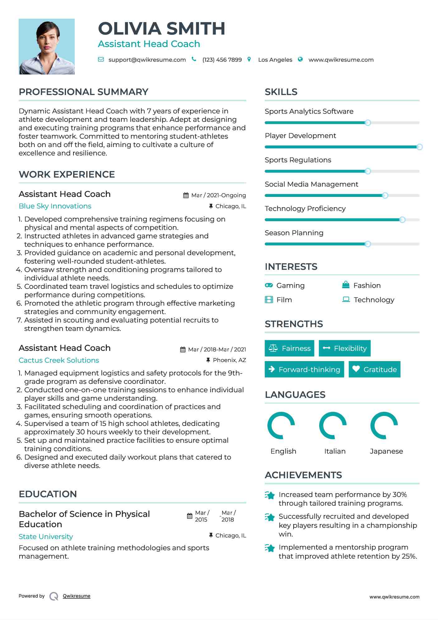 Assistant Head Coach Resume Model