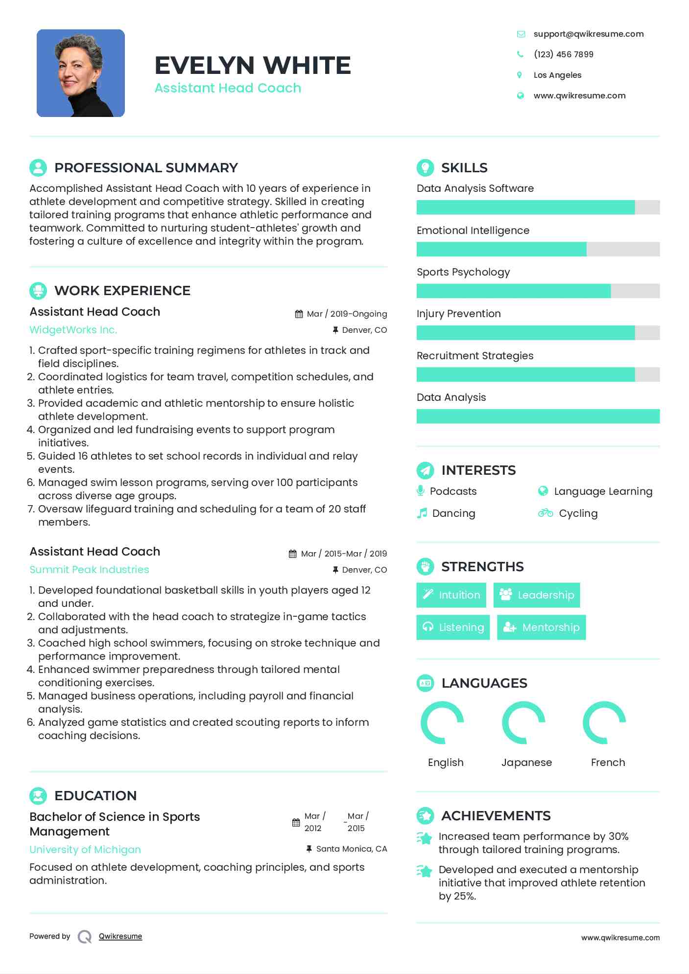 Assistant Head Coach Resume Sample