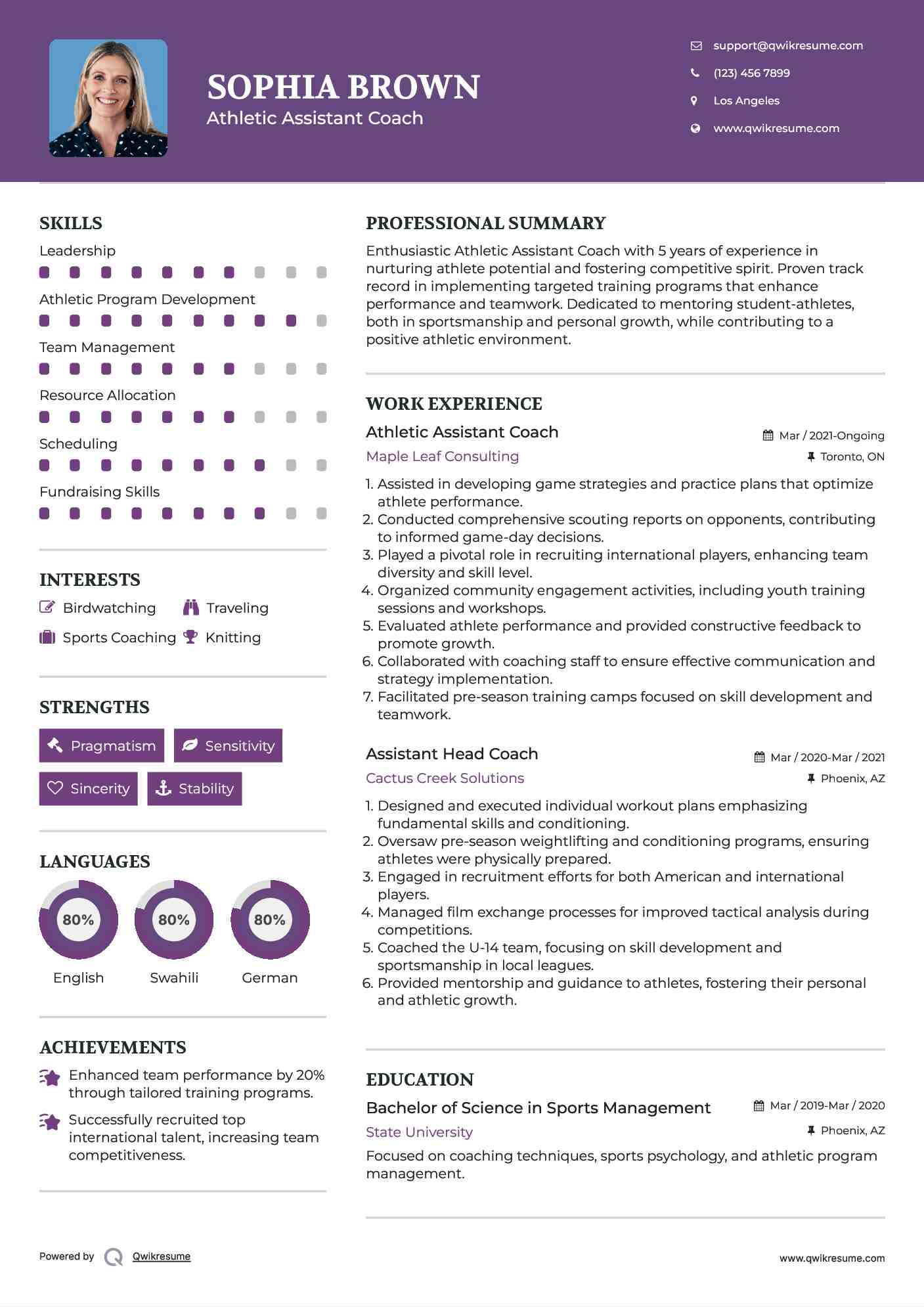 Athletic Assistant Coach Resume Sample