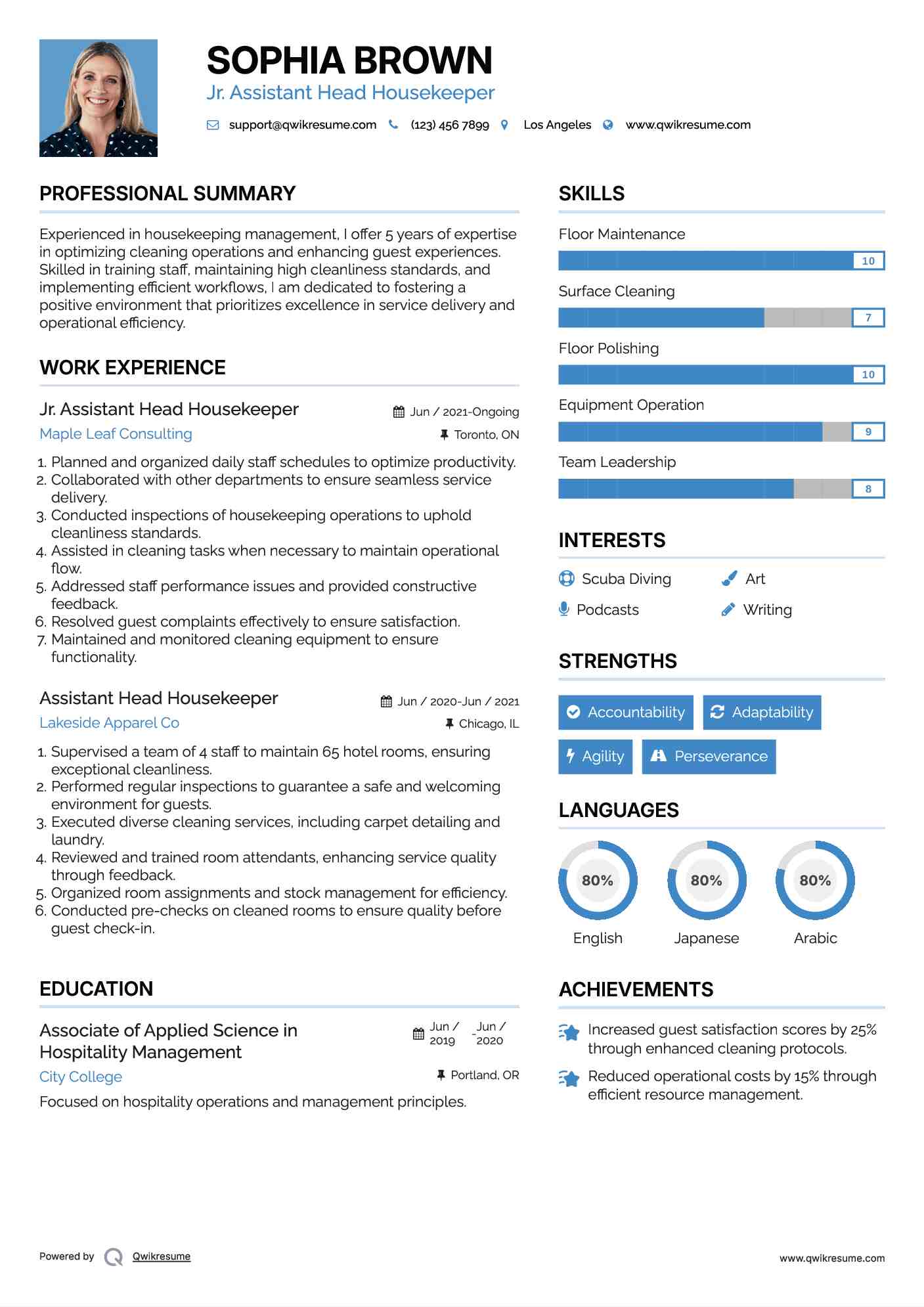 Jr. Assistant Head Housekeeper Resume Format