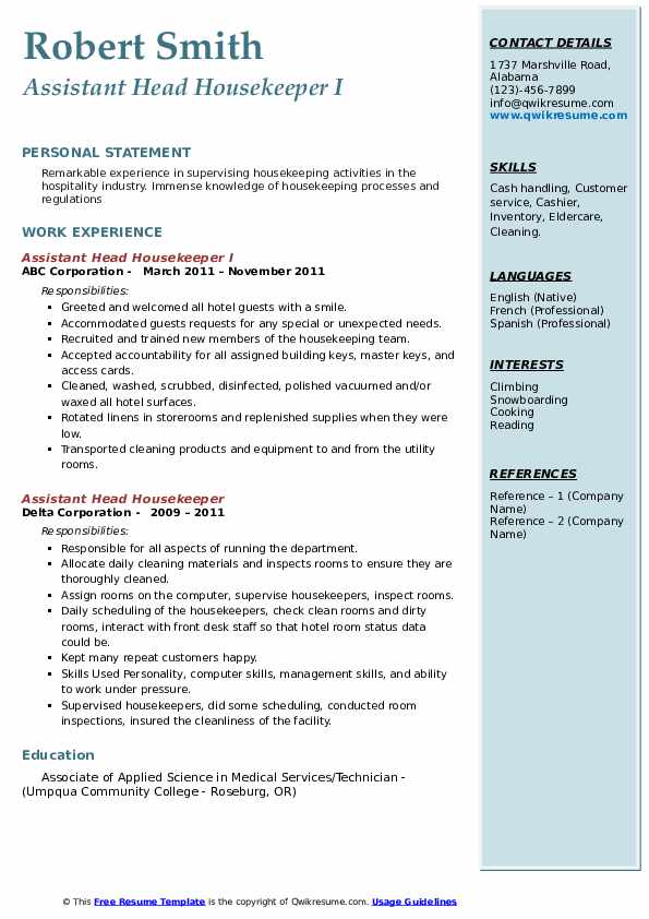 Assistant Head Housekeeper Resume Samples QwikResume