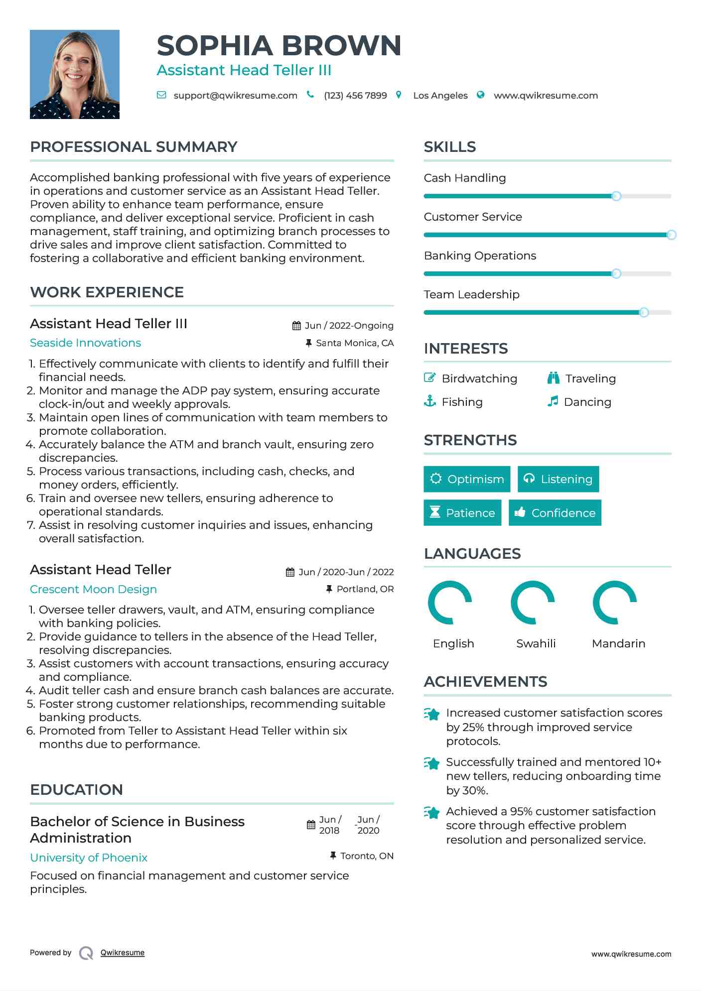 Assistant Head Teller III Resume Model