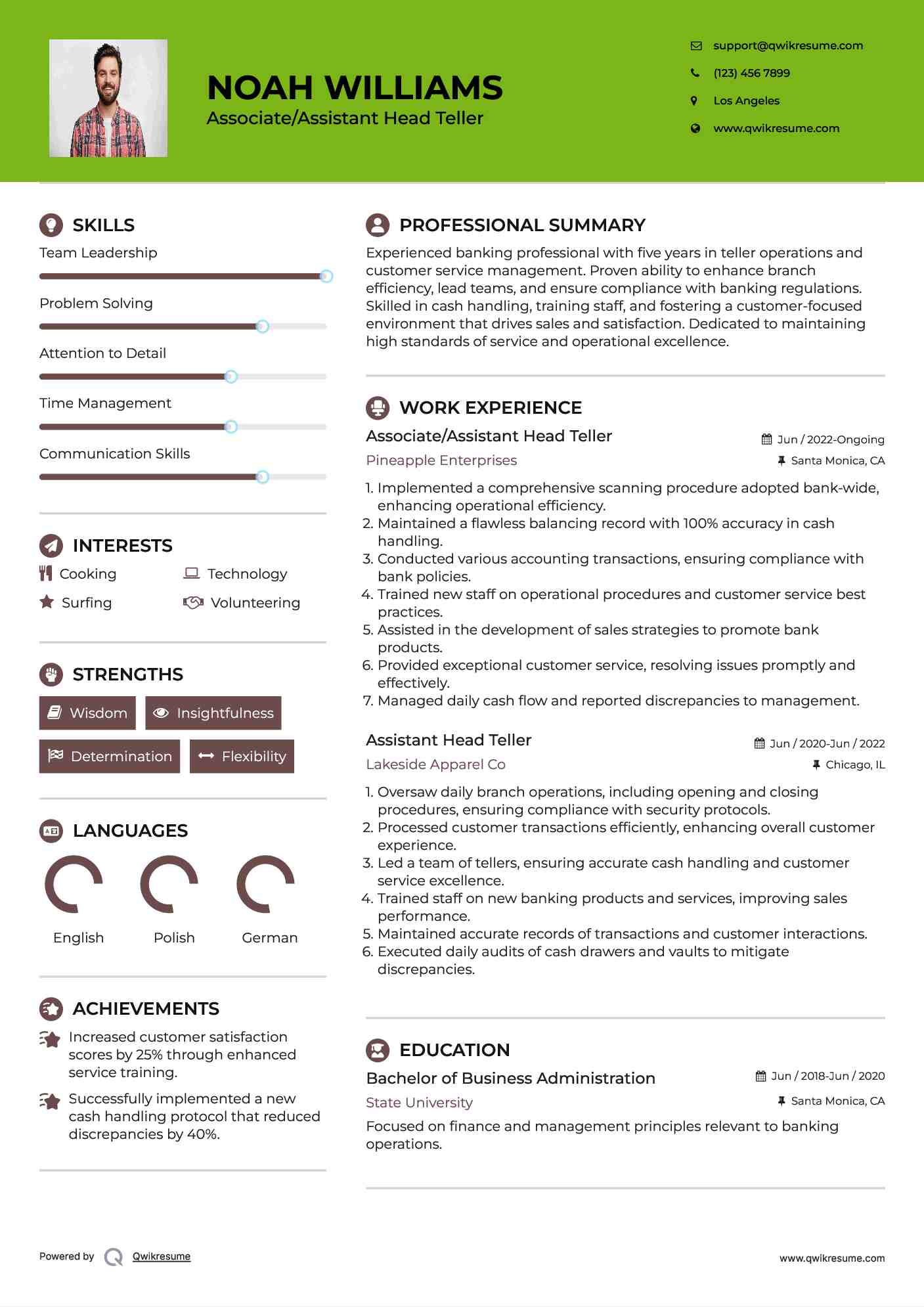Associate/Assistant Head Teller Resume Model