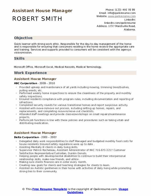 Assistant House Manager Resume Samples QwikResume