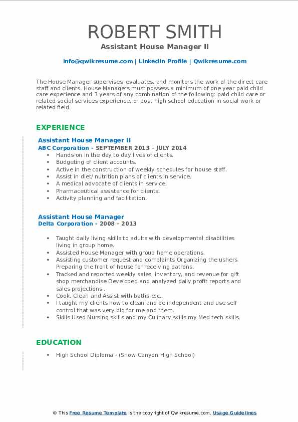 Assistant House Manager Resume Samples QwikResume
