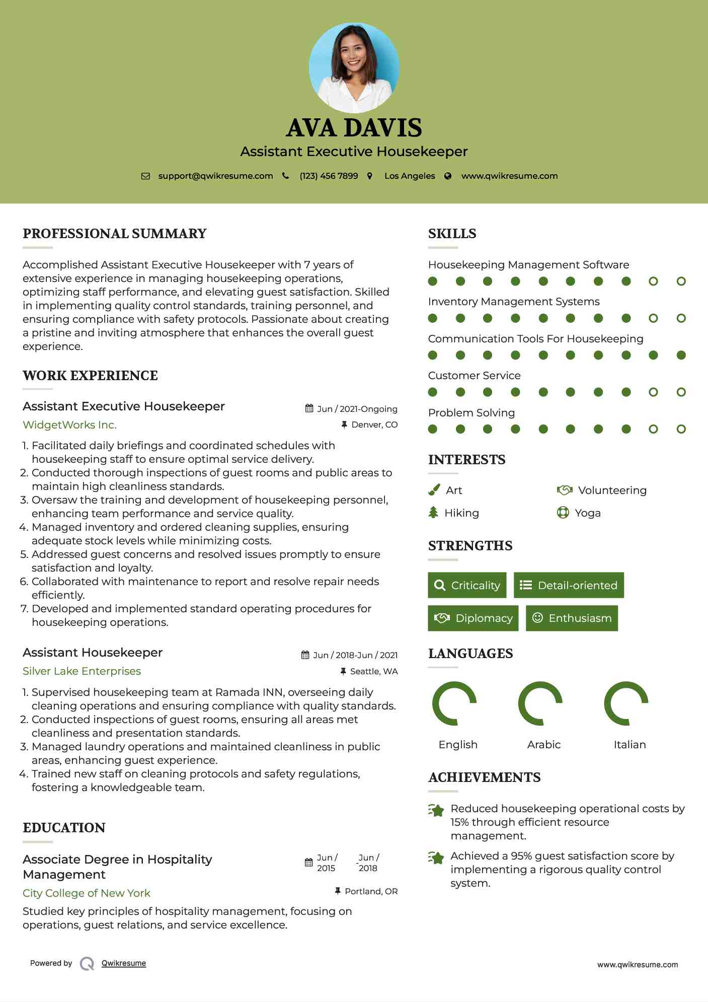 Assistant Executive Housekeeper Resume Format