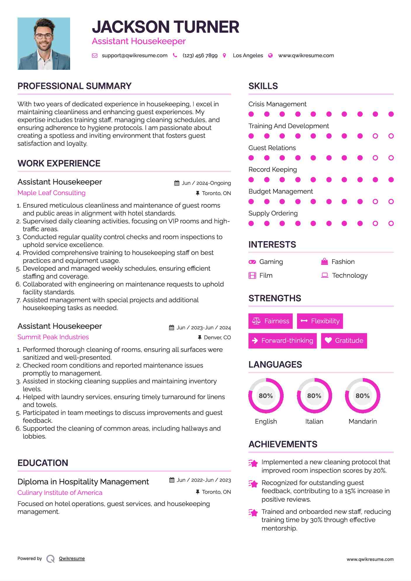 Assistant Housekeeper Resume Example