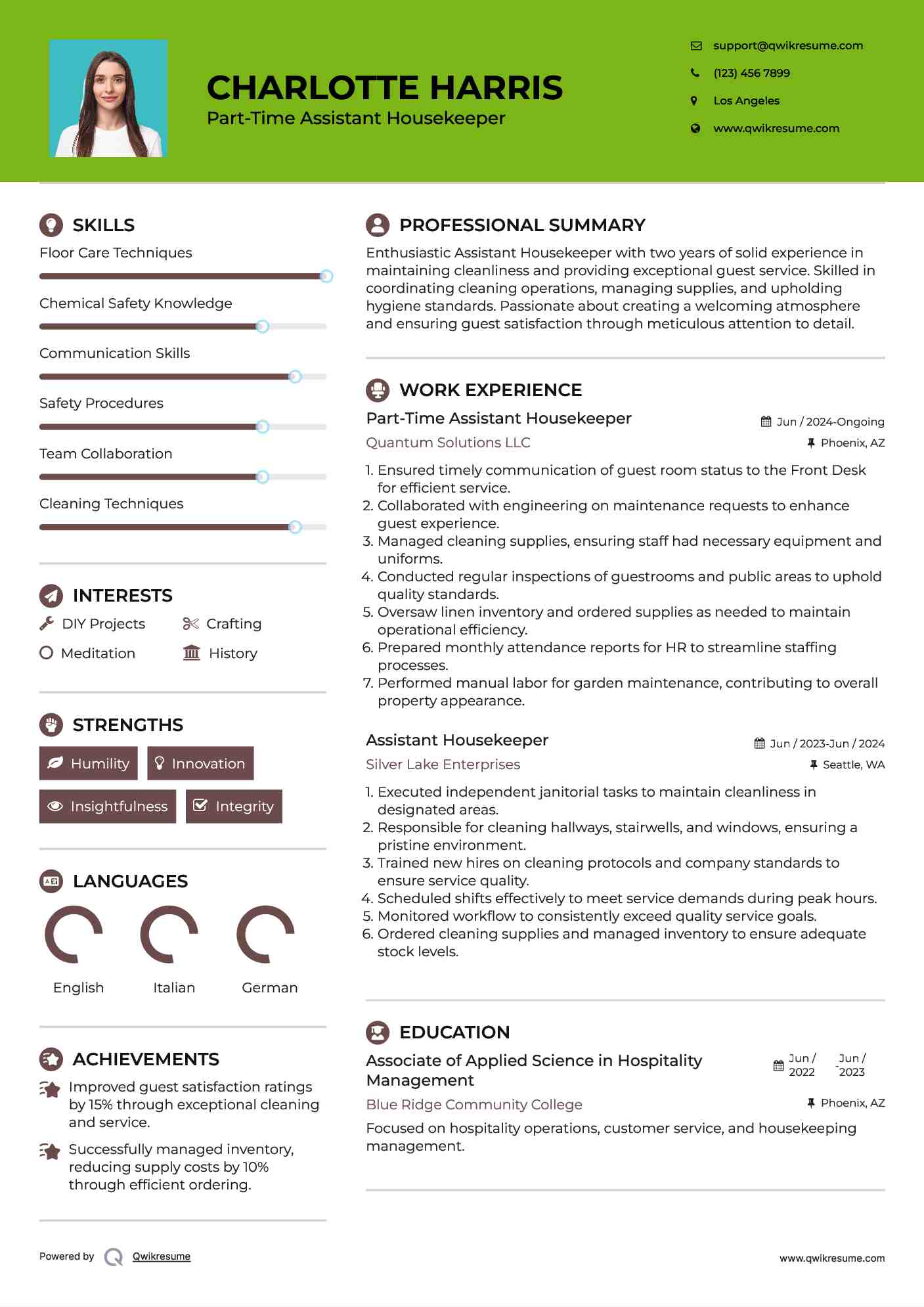 Part-Time Assistant Housekeeper Resume Format