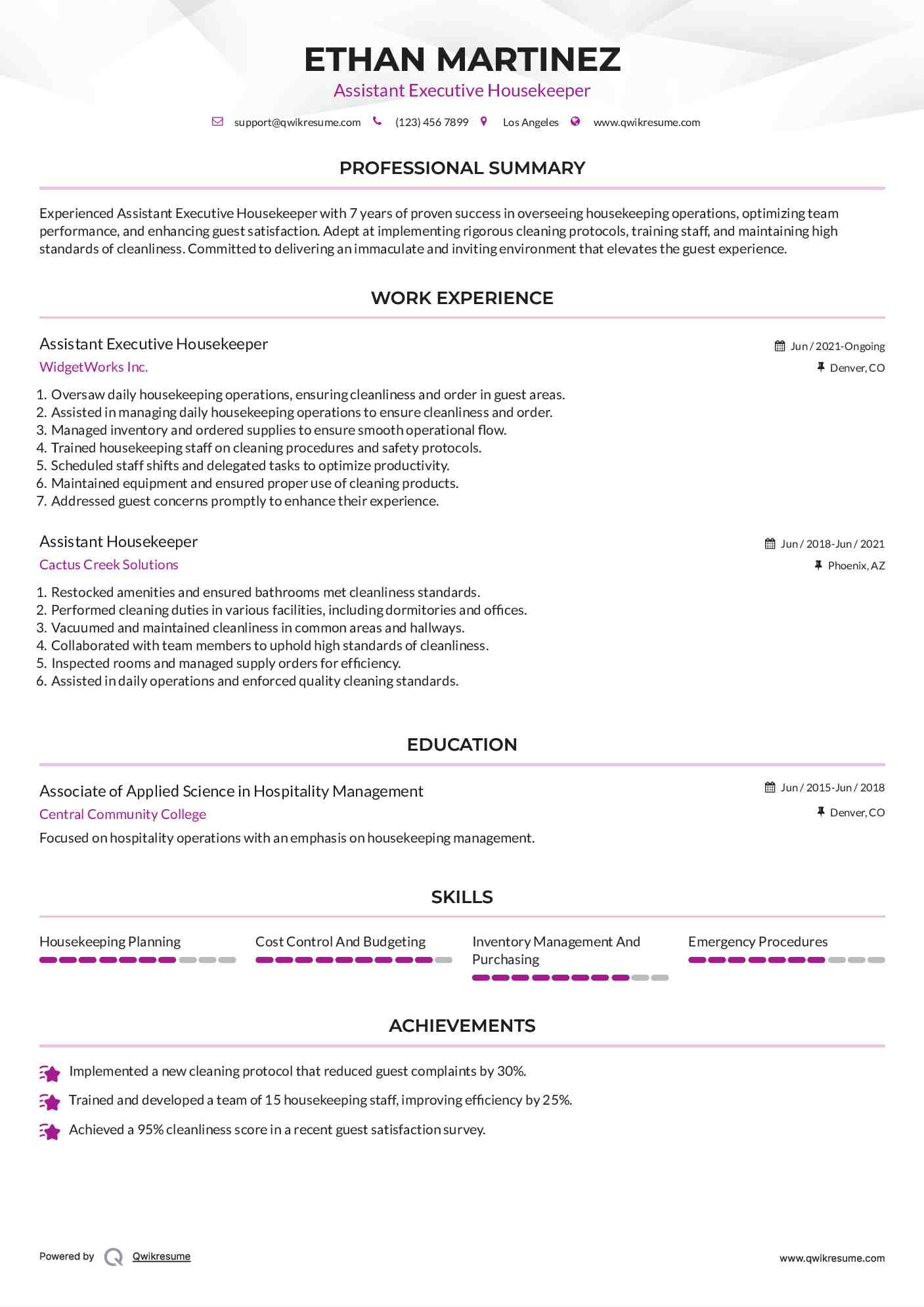 Assistant Executive Housekeeper Resume Format