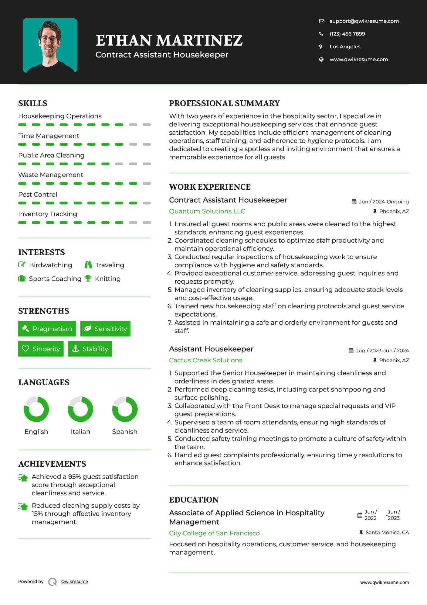 Contract Assistant Housekeeper Resume Format