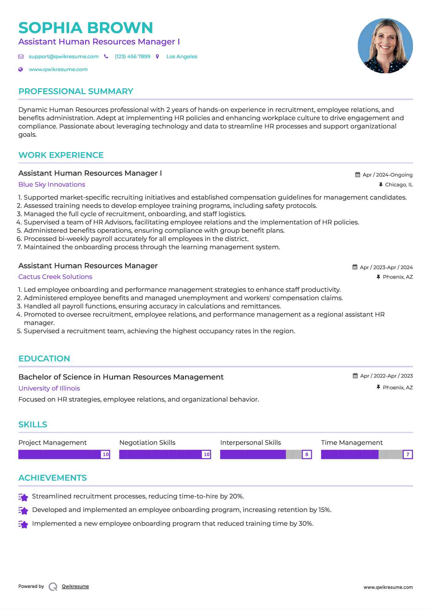 Assistant Human Resources Manager I Resume Sample